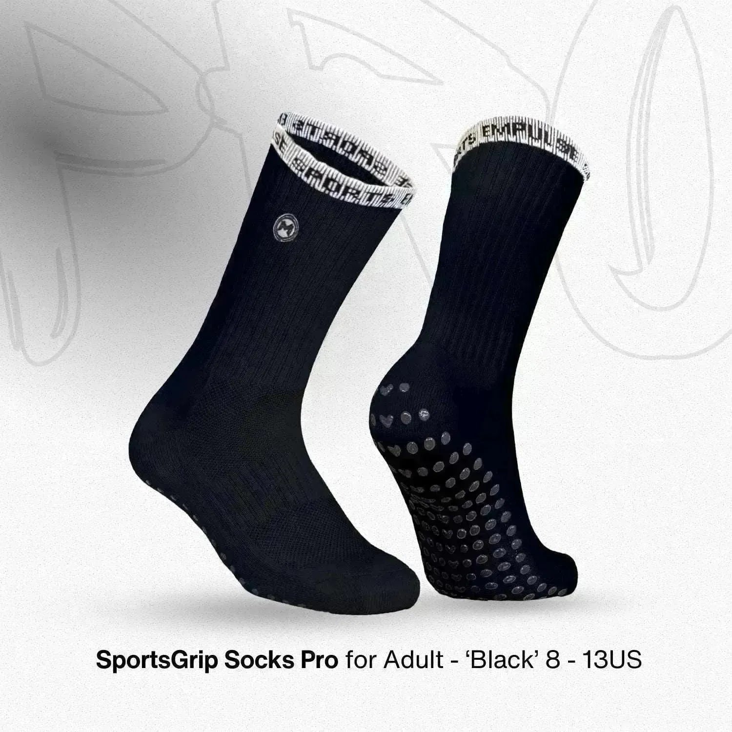 SportsGrip Pro black compression socks front view with black grip sole and logo cuff