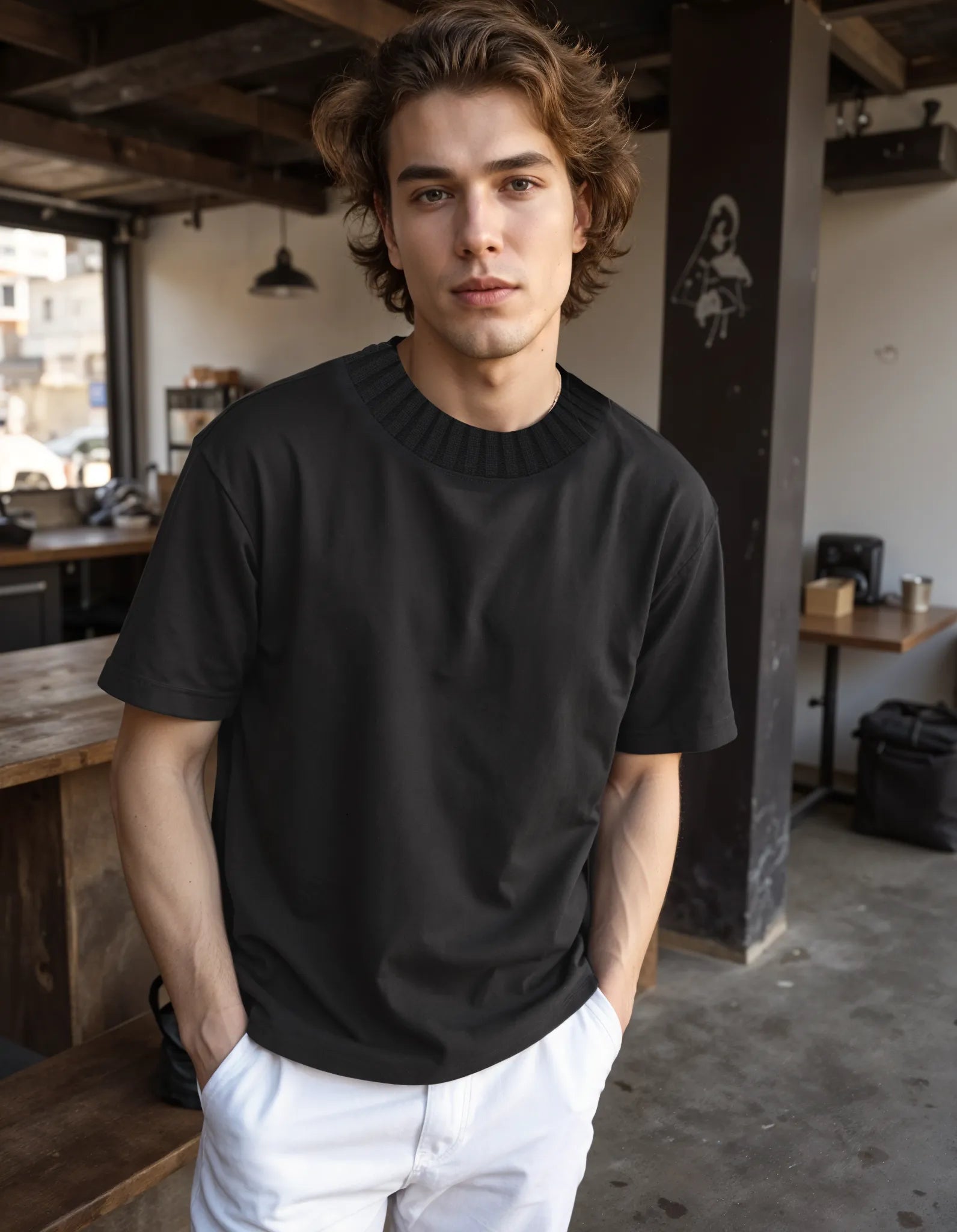 Oversized Knitted Round Neck T-Shirt - Black