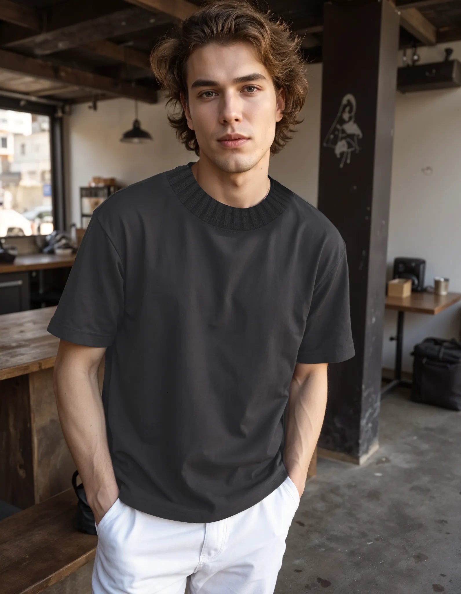 Knitted Ribbed Collar Tee - Grey