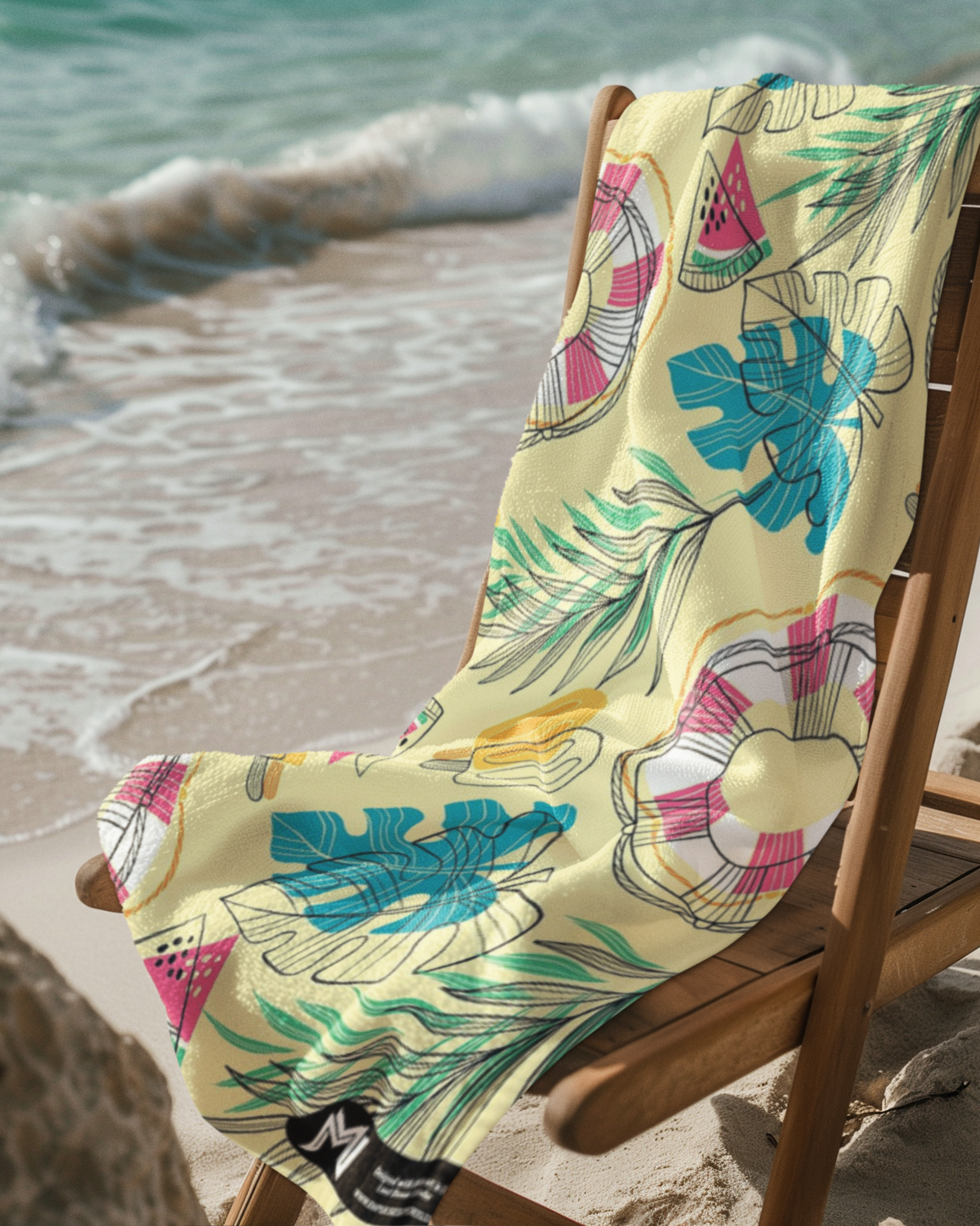 Model holding open Summer Fun towel showing floral and lifesaver print