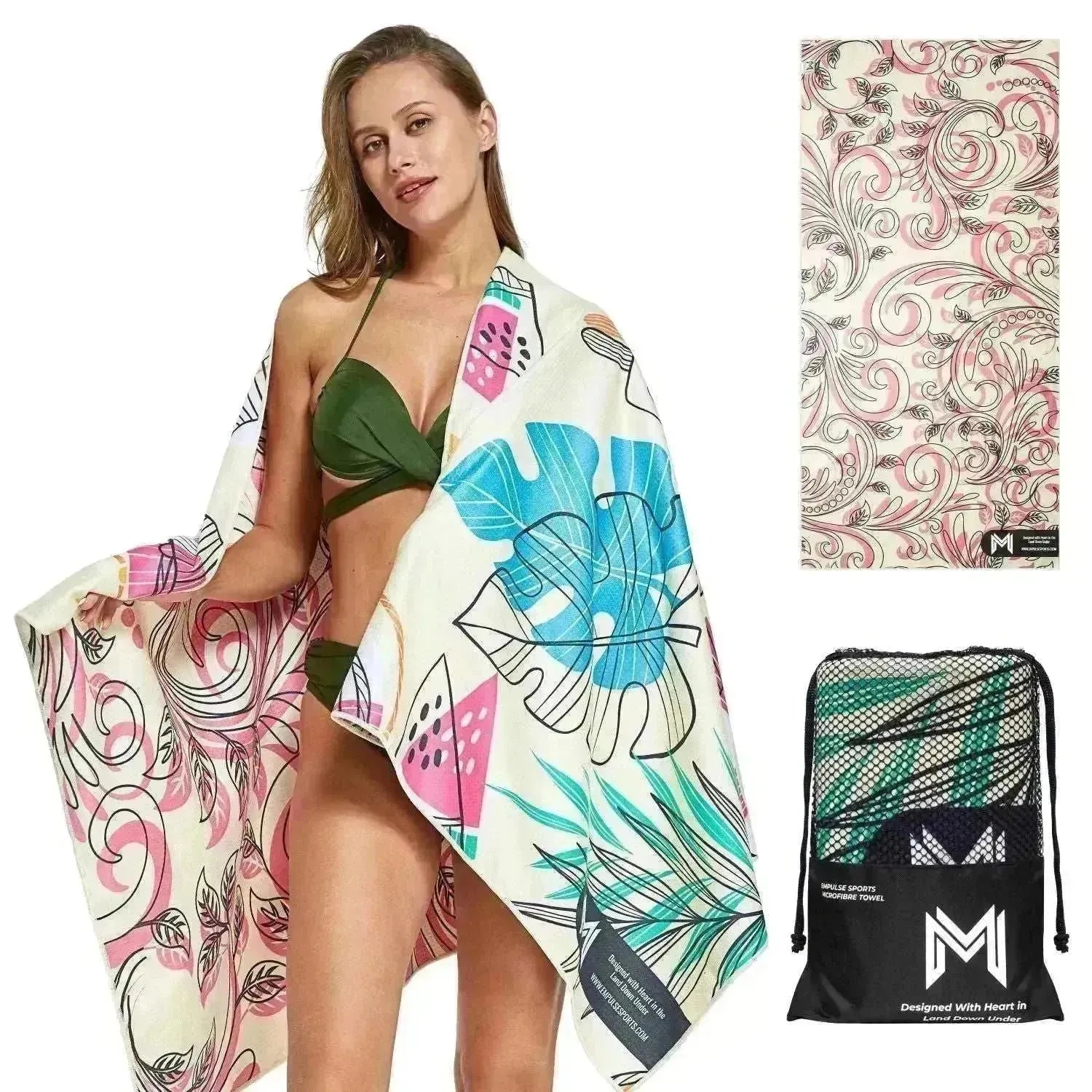 Model holding Empulse Summer Fun beach towel wrapped across front