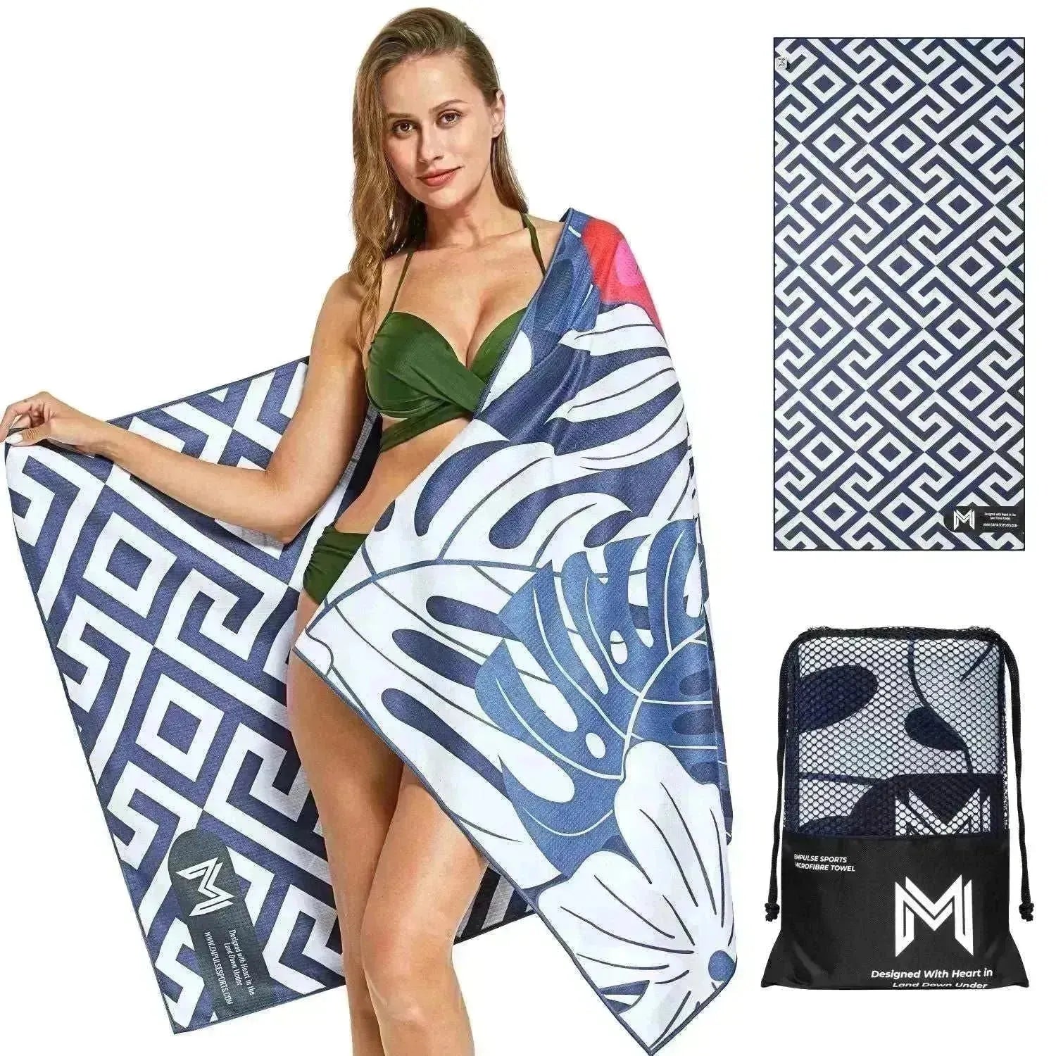 Model holding Empulse Tropical Bloom towel across the front in floral print