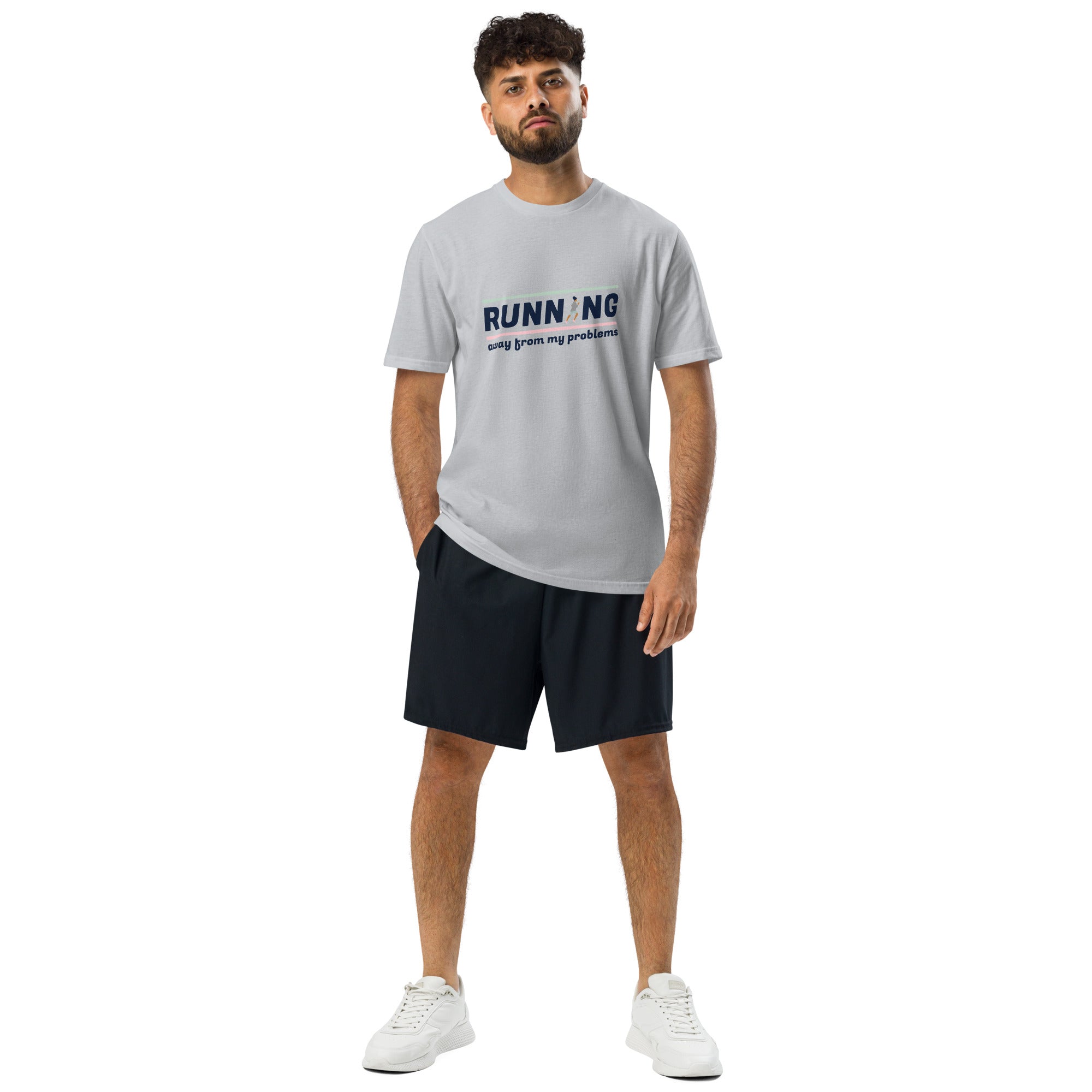Full body front shot of male in Under Armour Running Division Tee and shorts