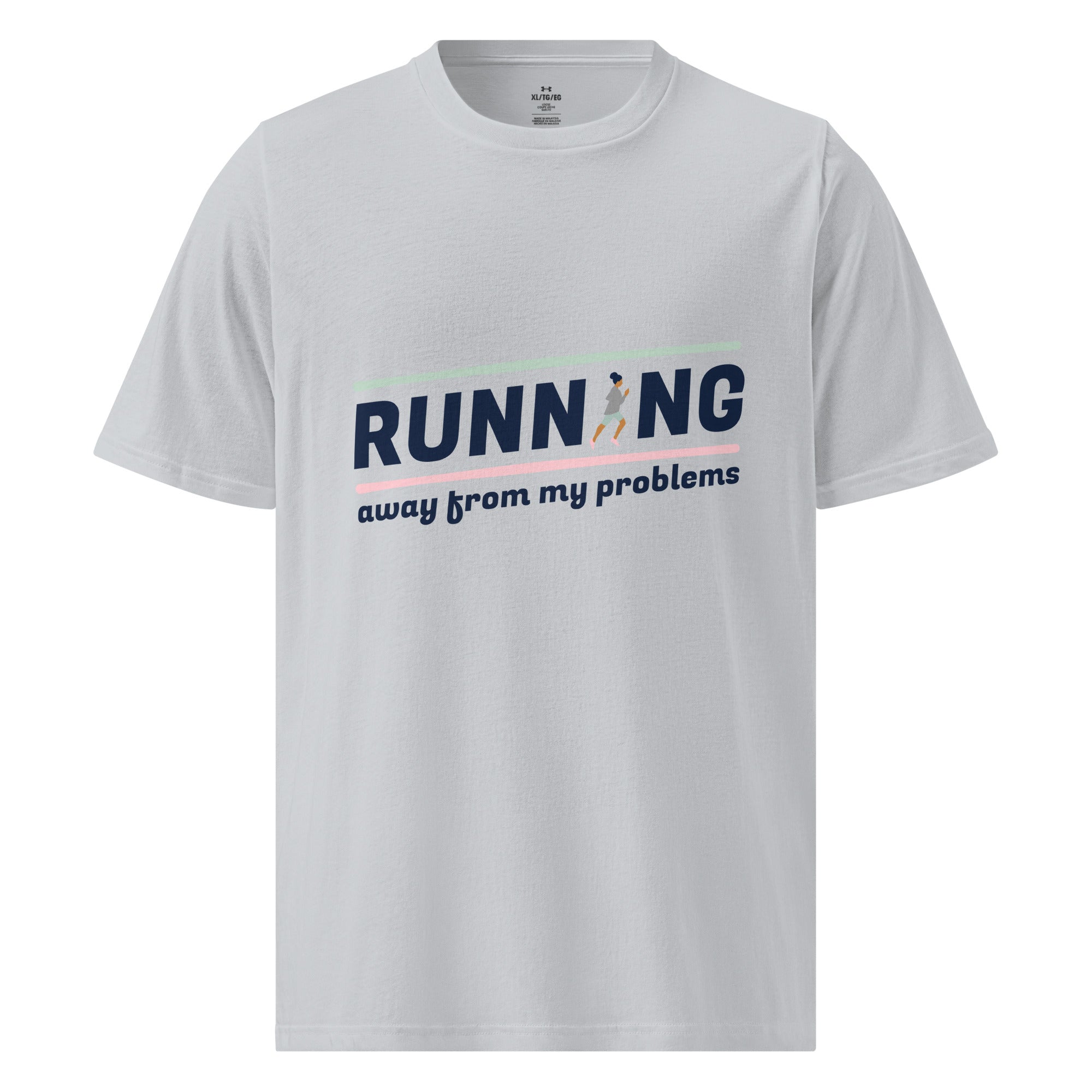 Flat grey Under Armour Running Division Tee with dark blue graphic