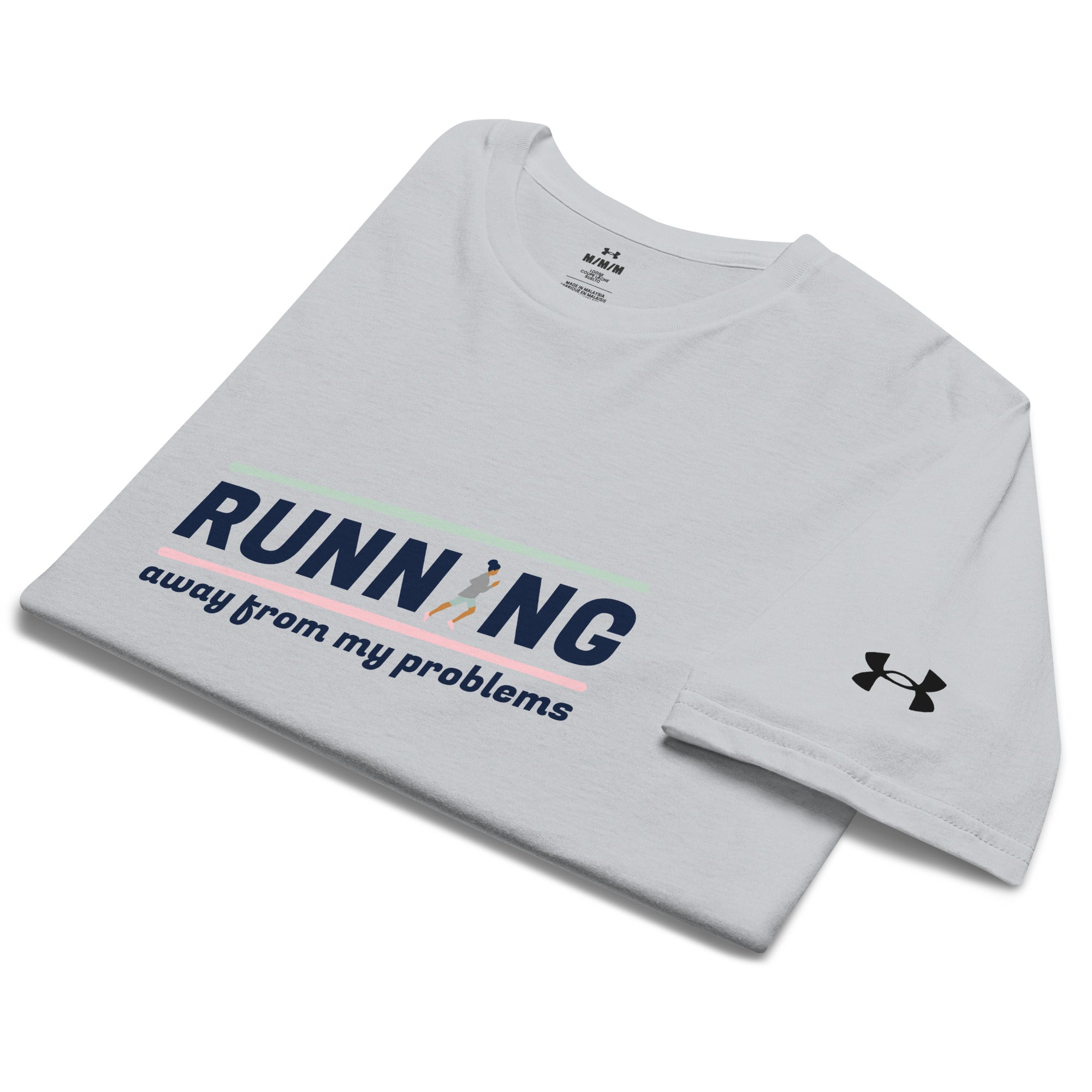 Close folded view of Under Armour Running  Grey Tee showing bold RUNNING print