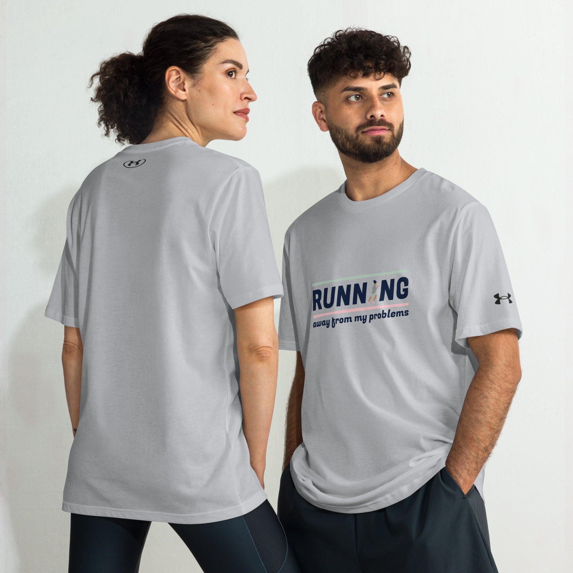 Female and Male models side view in Under Armour Running Division Grey Tee with long fit
