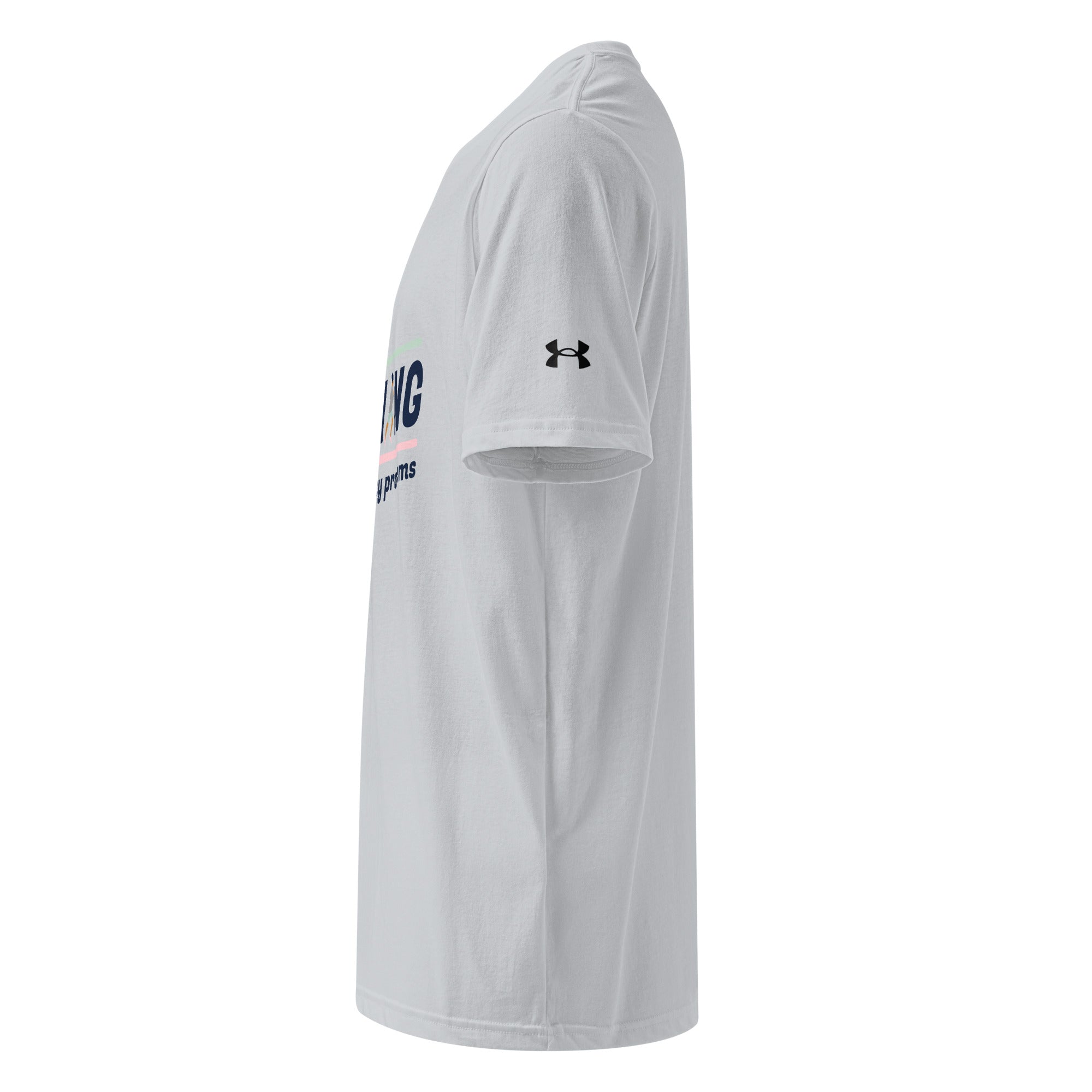 Side view of Under Armour Running Grey Tee sleeve with printed UA logo