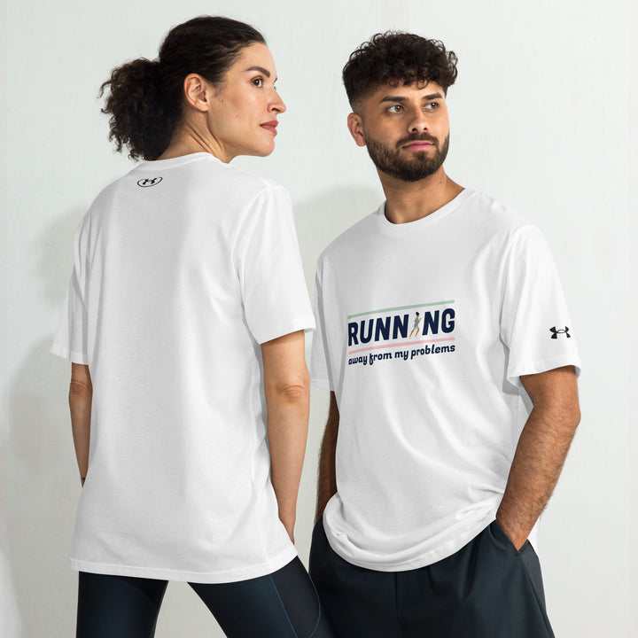 Male and female models in Under Armour Running Division Tee with sporty design


