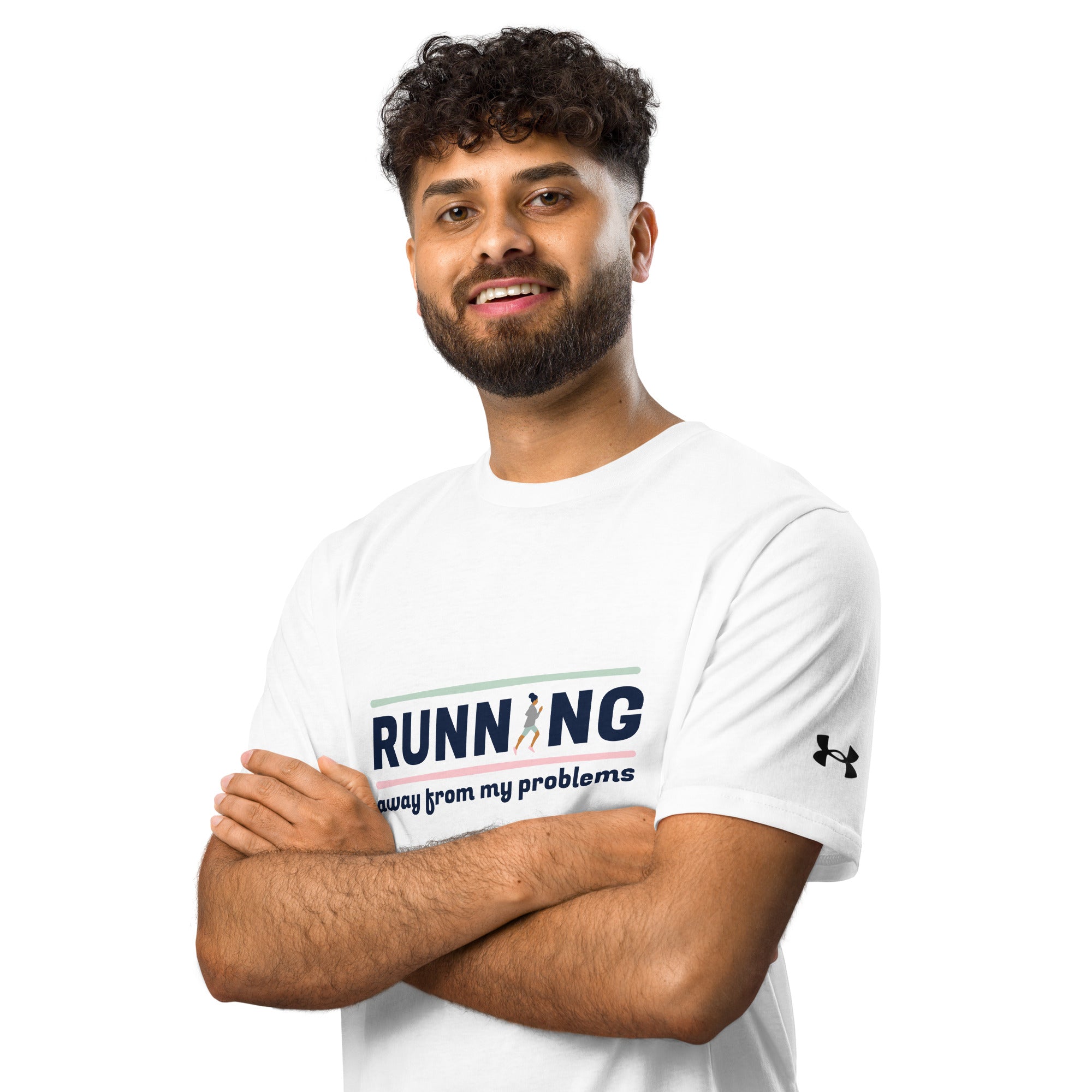 Male model front view wearing white Under Armour Running Division Tee