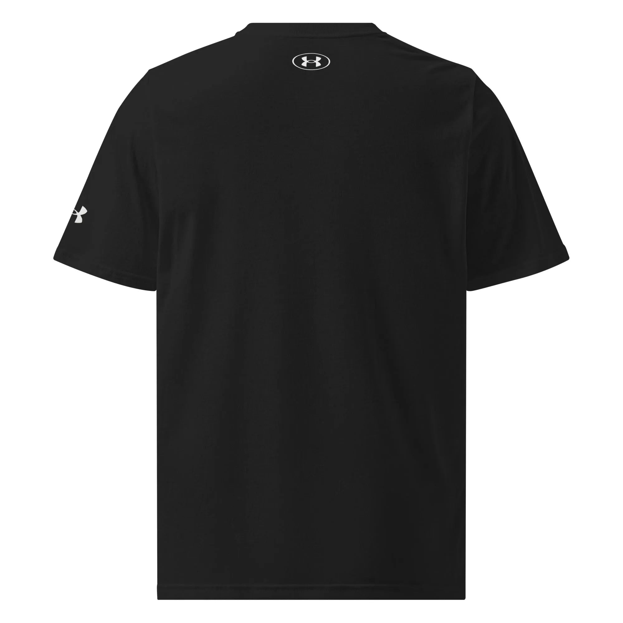 Back profile of Under Armour black tee showing sleeve logo