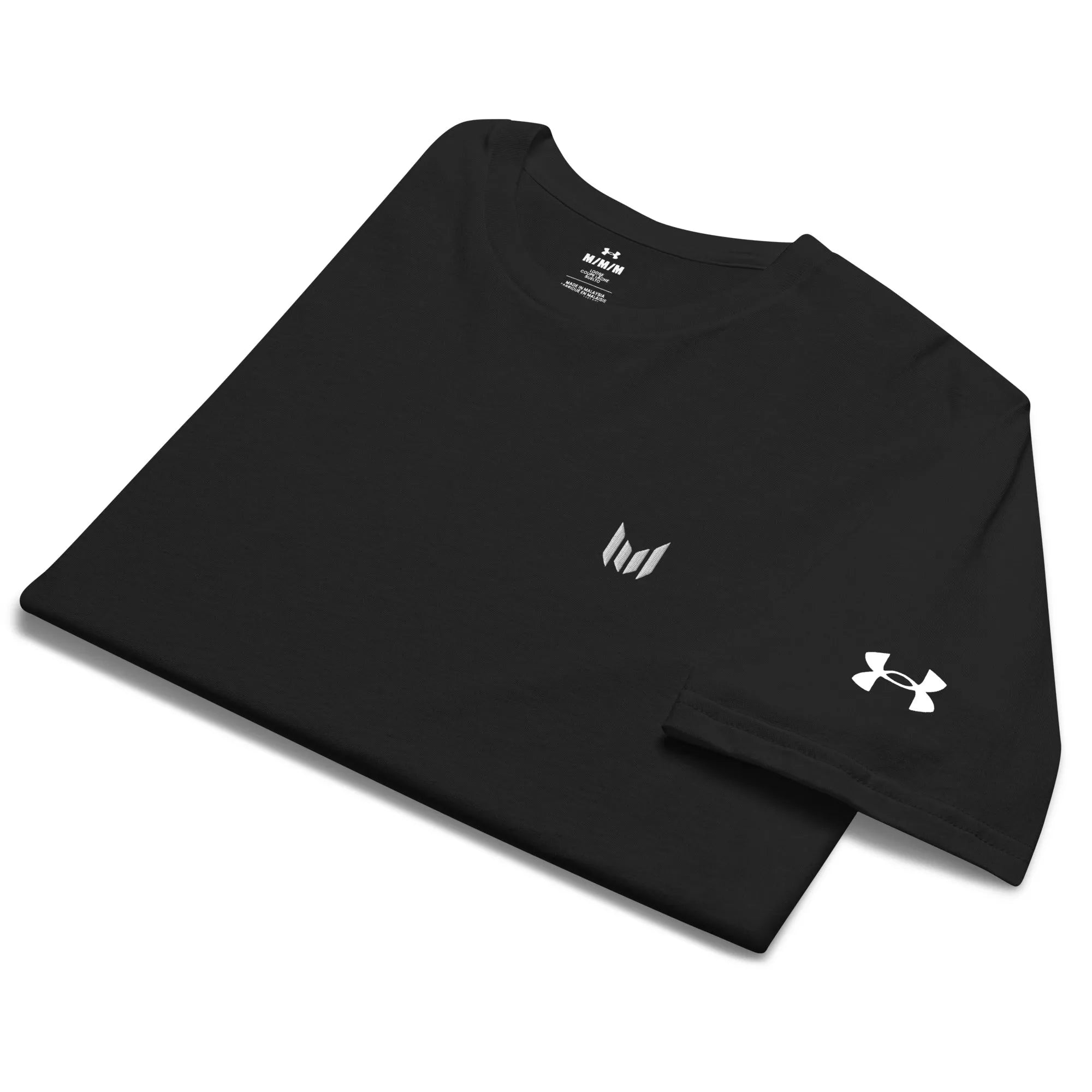 Flat lay of Under Armour black tee with Heatseal logo
