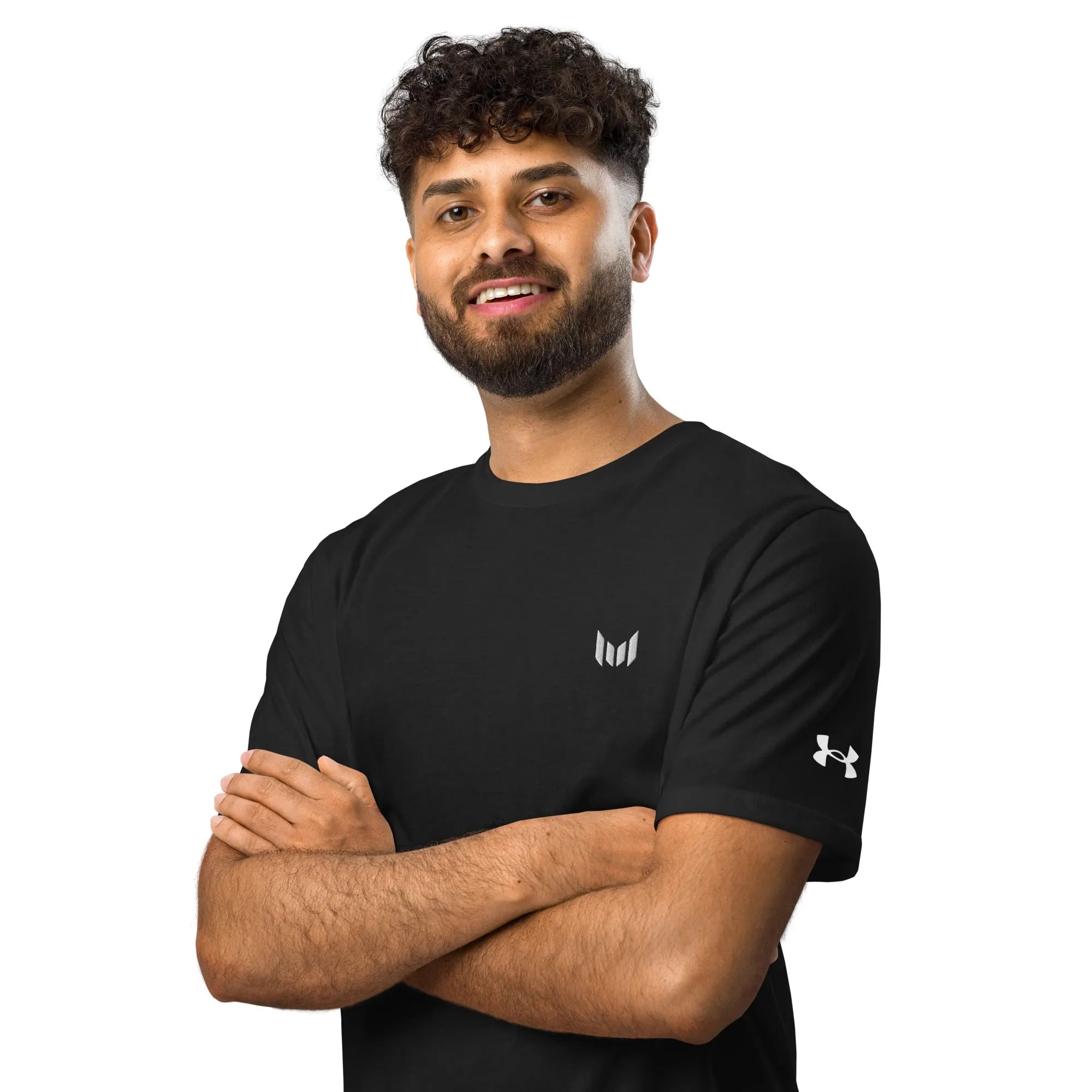 Under Armour black athletic t-shirt worn by male model front-facing