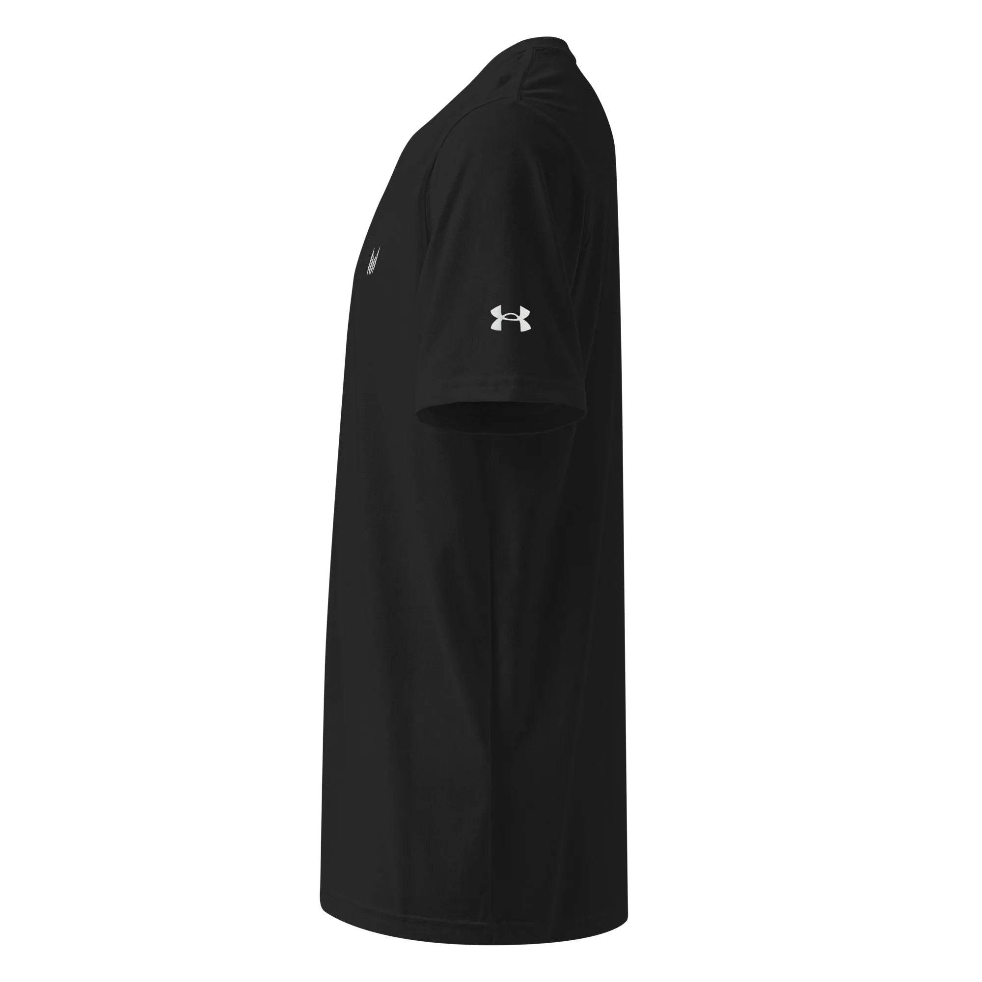 Side profile of Under Armour black tee showing sleeve logo