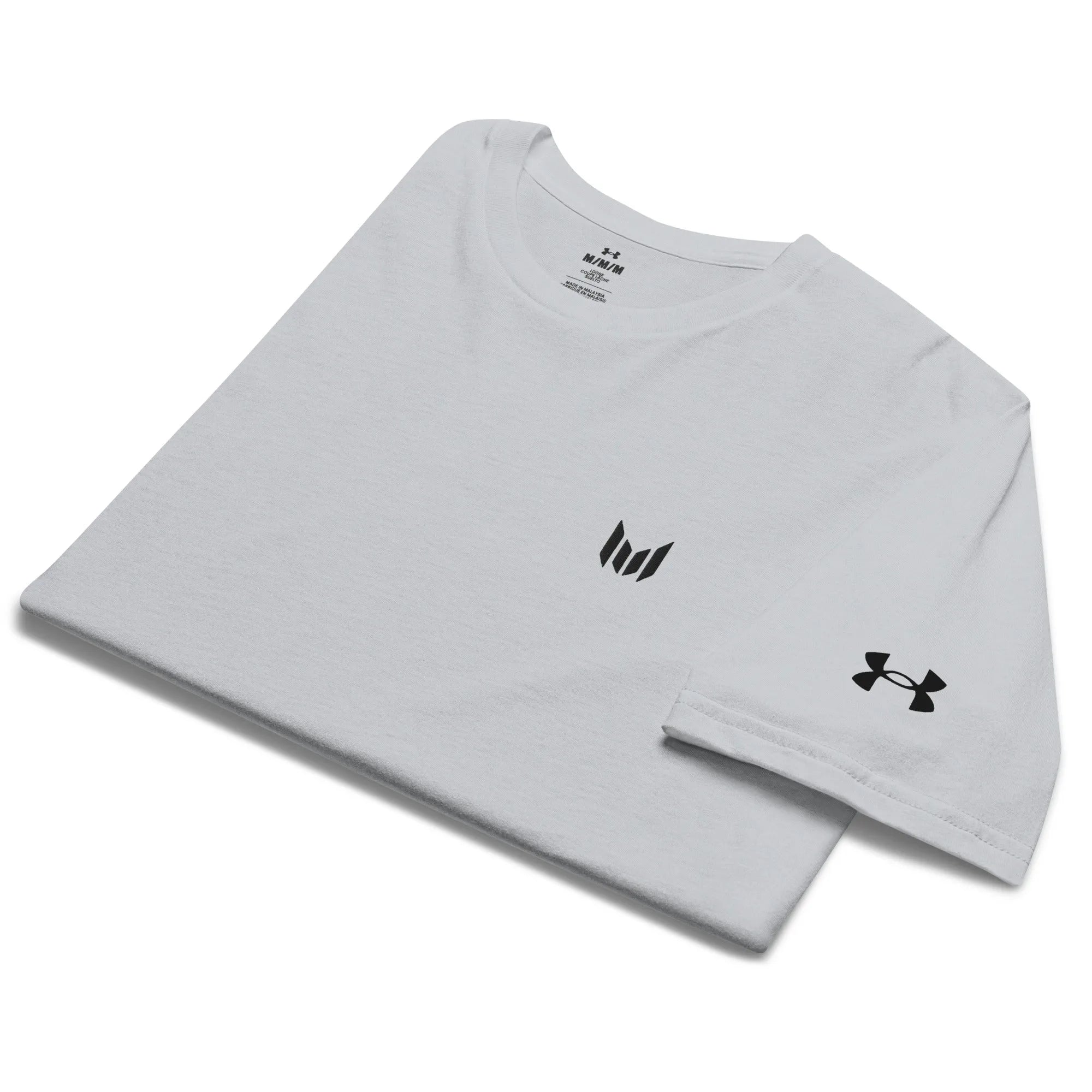 Under Armour light grey athletic tee flat lay with earbuds on top