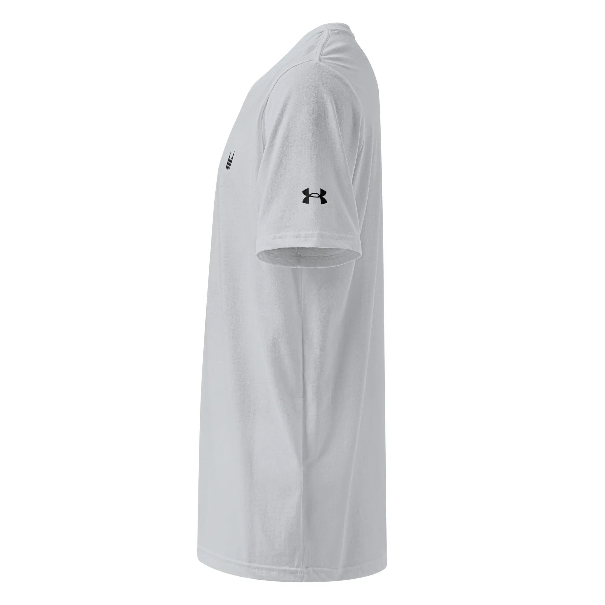 Under Armour light grey t-shirt, left side view with Heatseal branding
