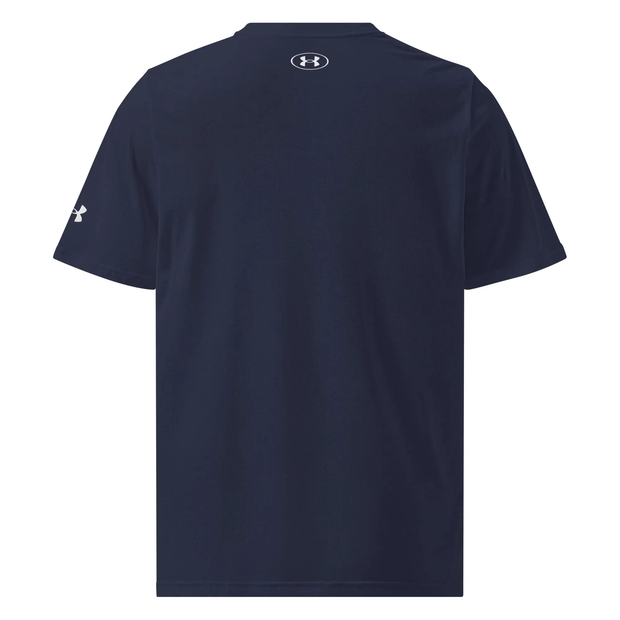 Back view of navy Under Armour t-shirt unisex cut