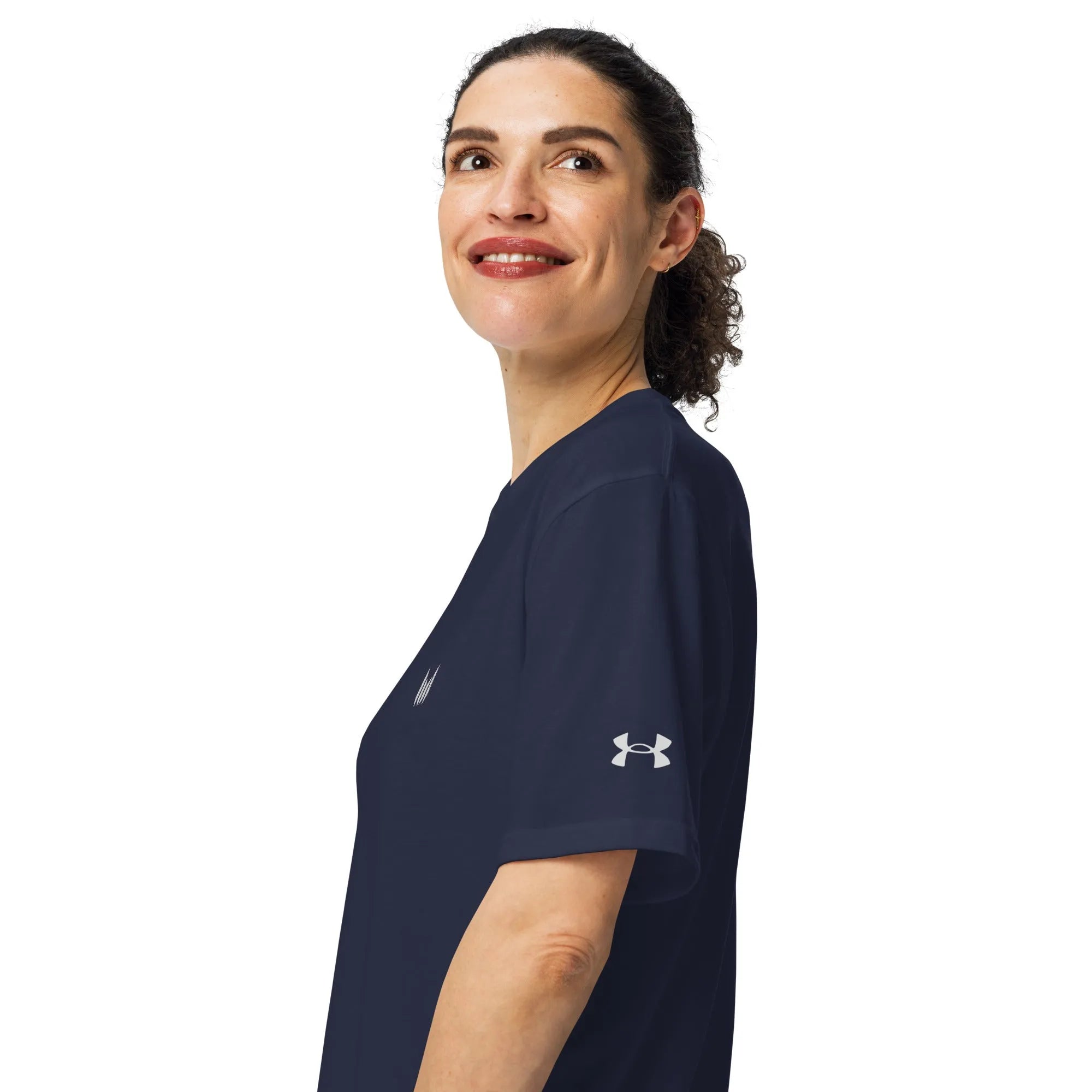 Under Armour navy t-shirt worn by female model in side pose
