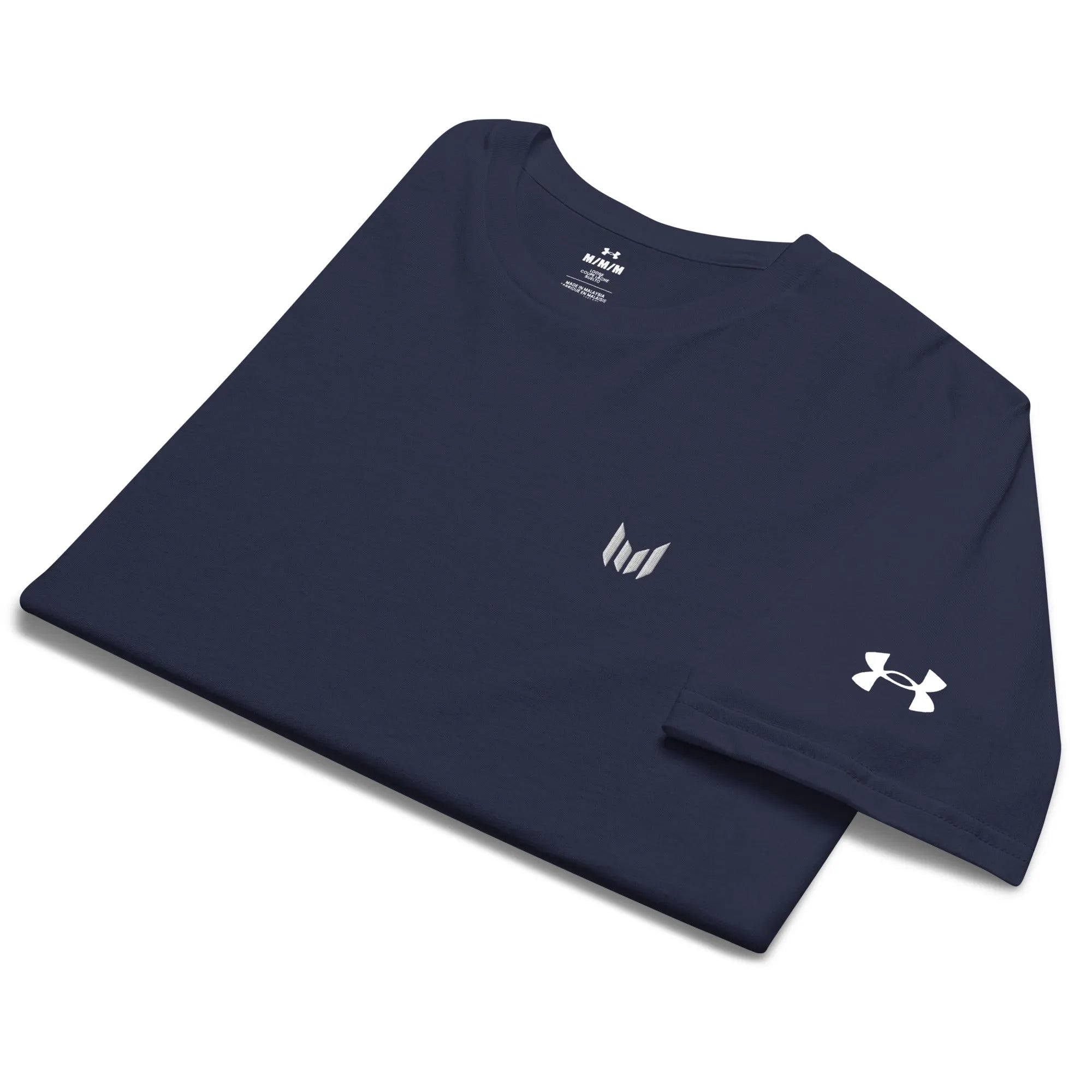 Flat lay of Under Armour navy athletic tee with logo front folded