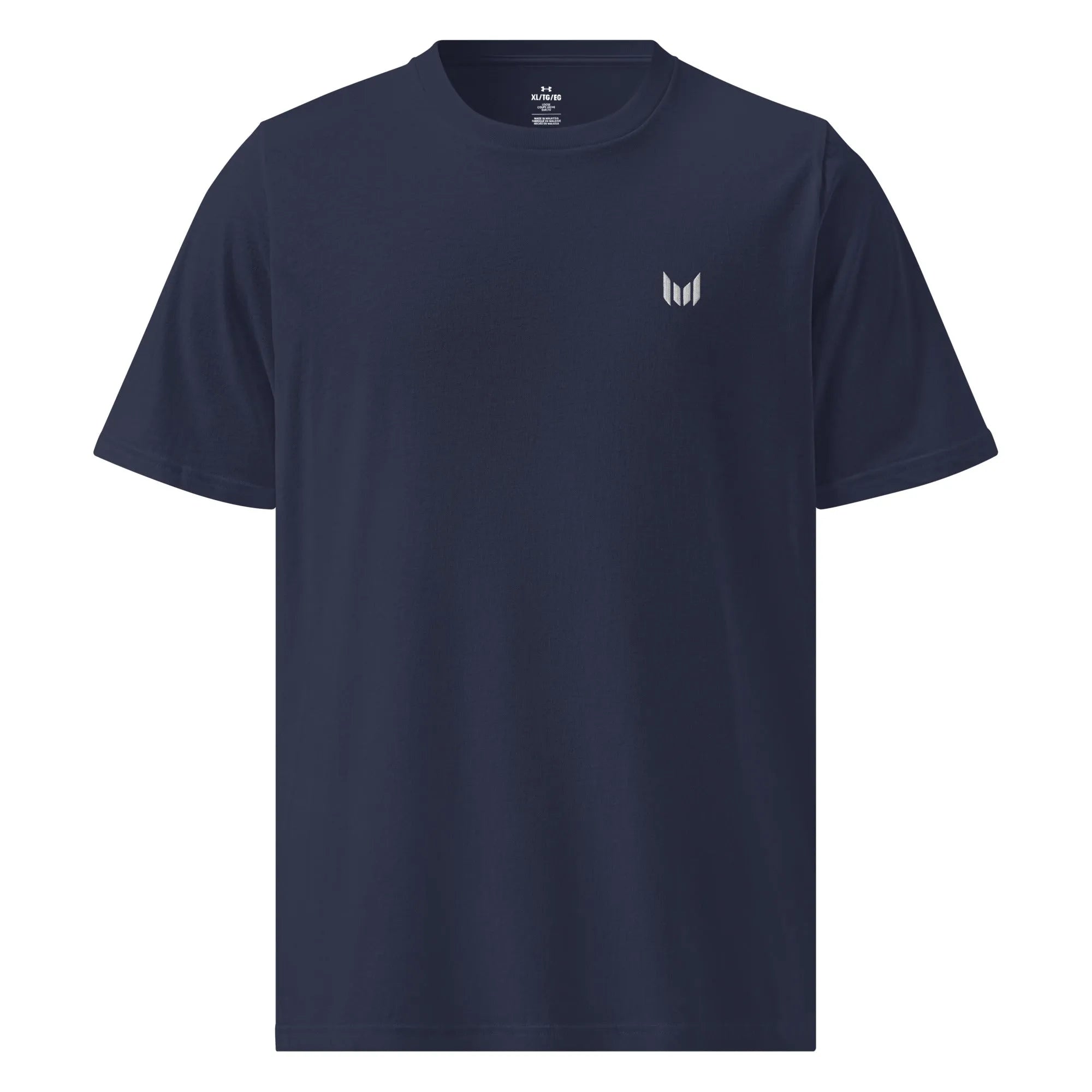 Flat lay of Under Armour navy athletic tee with logo front