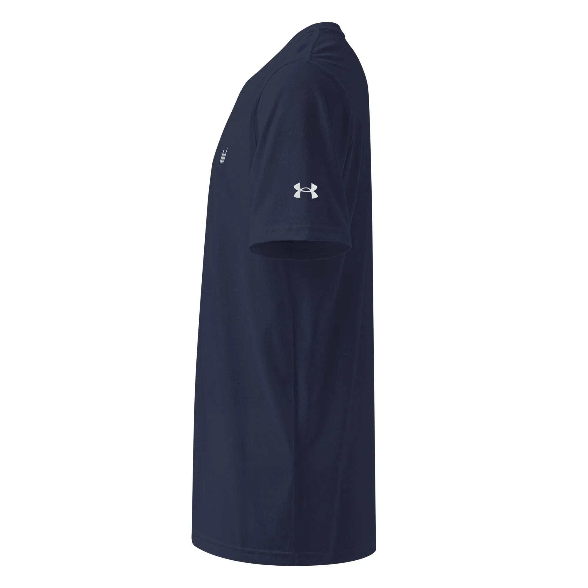 Side profile of Under Armour navy shirt sleeve and cut