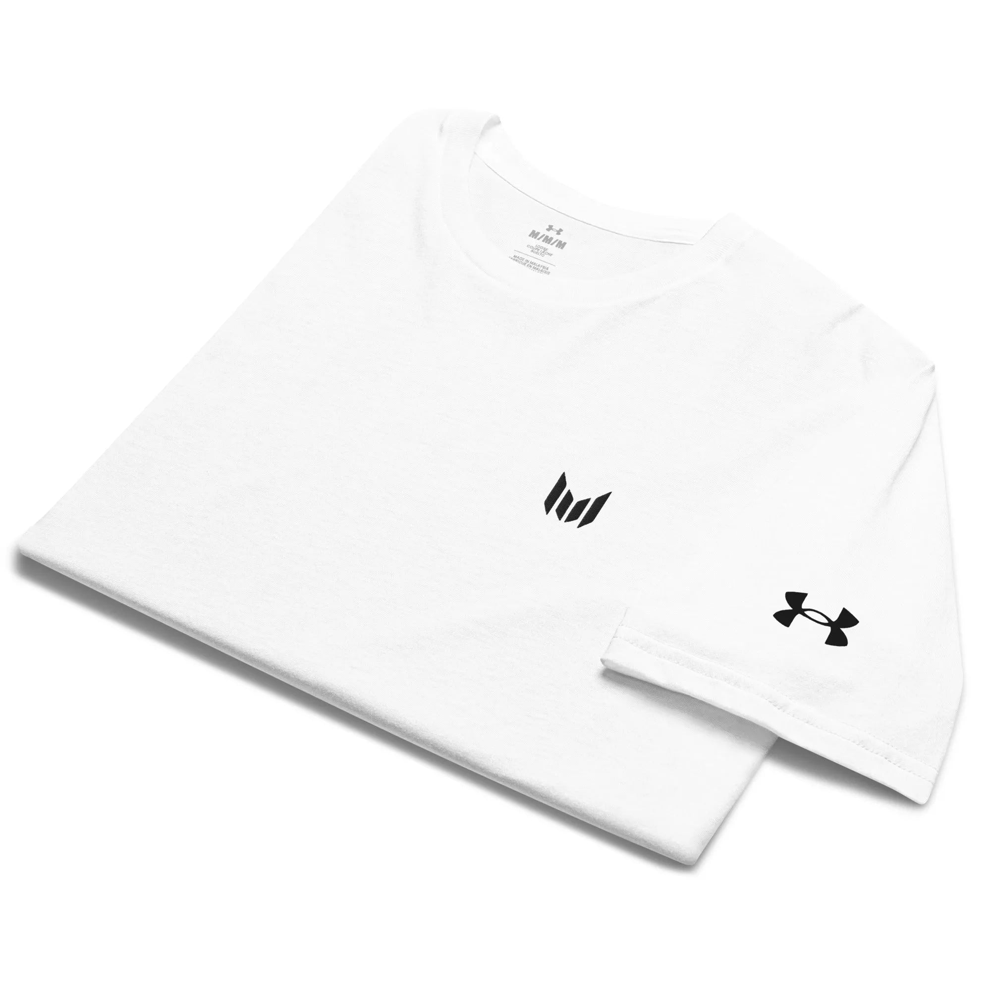 Flat lay of Under Armour white tee showing Heatseal logo

