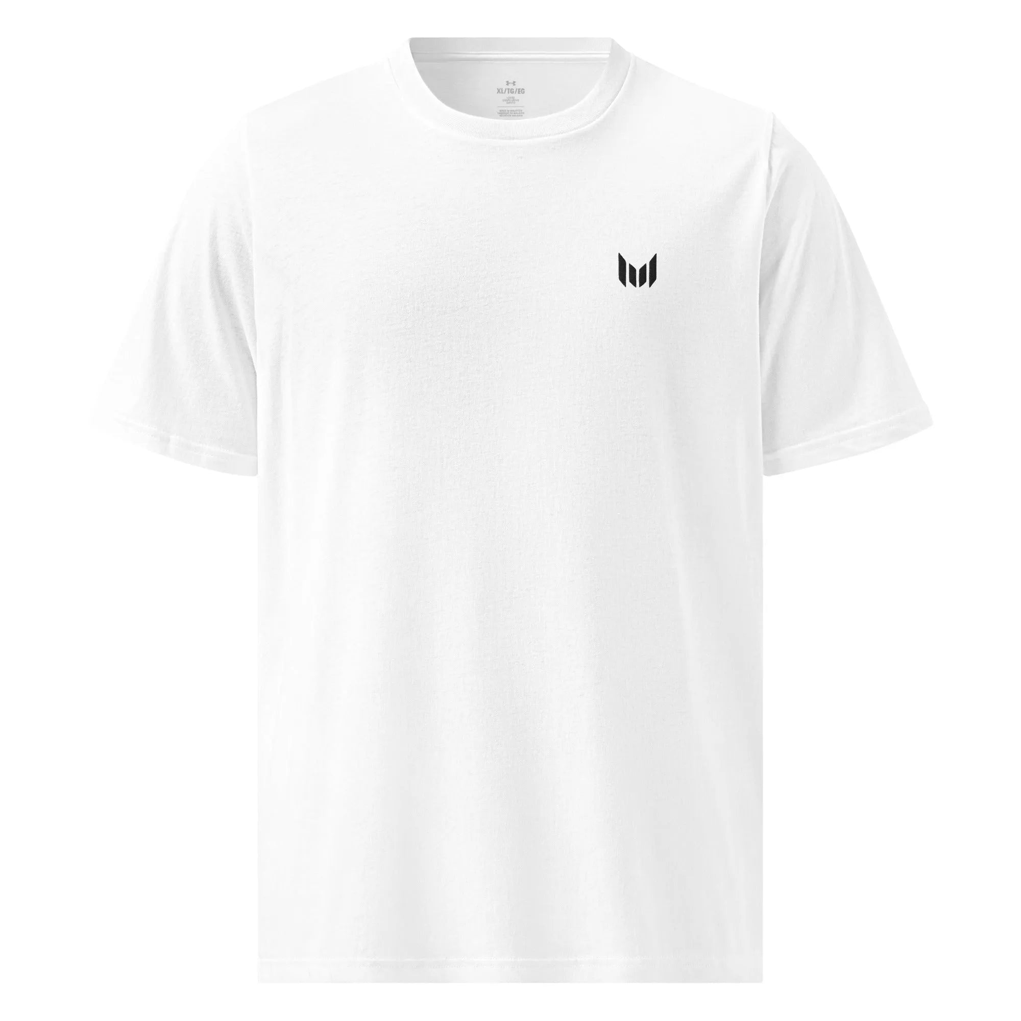 Under Armour white athletic t-shirt, front view with logo detail flat