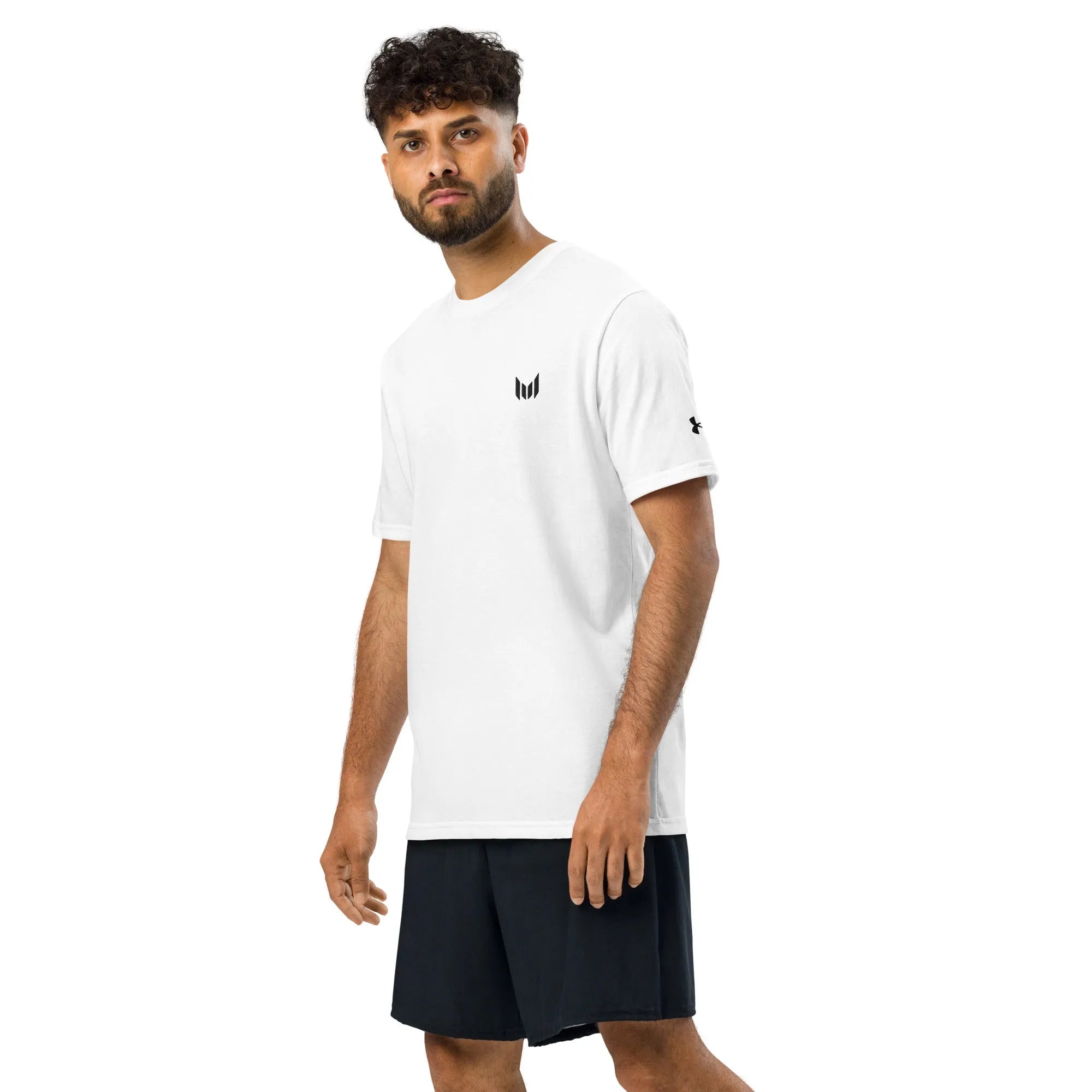 Under Armour white athletic t-shirt, front view with logo detail