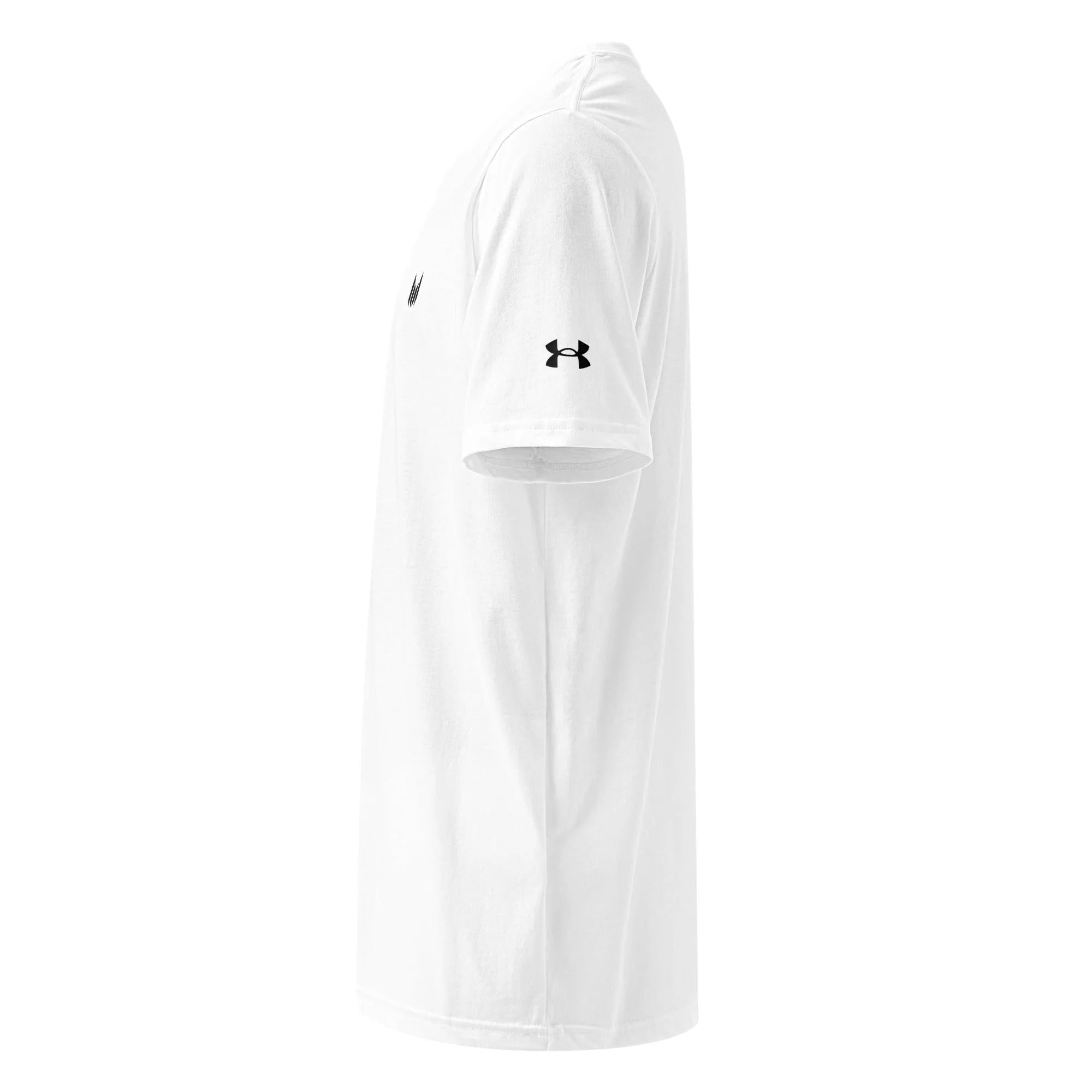 Side view of Under Armour white t-shirt sleeve and hem