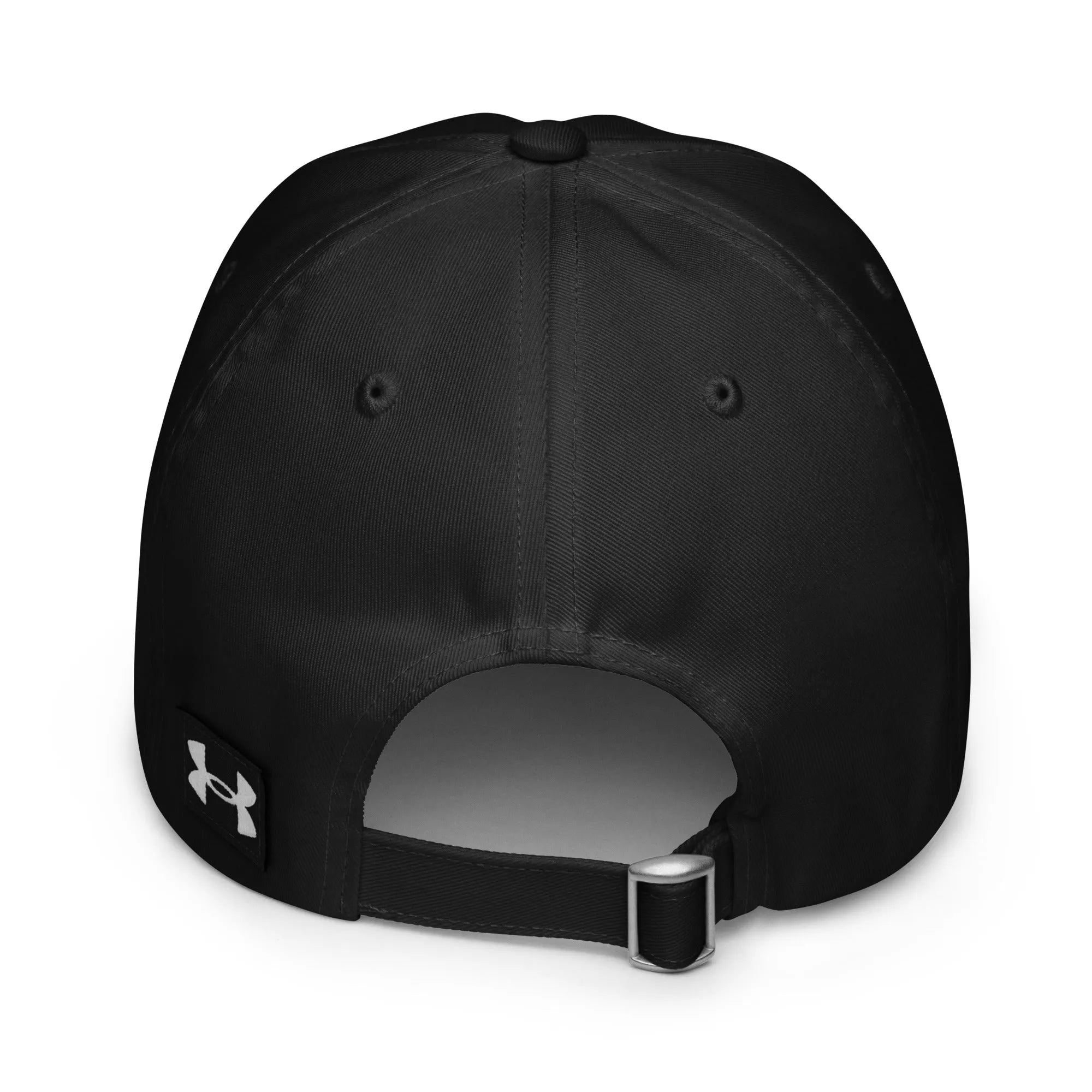 Back view of Under Armour black dad hat showing adjustable strap