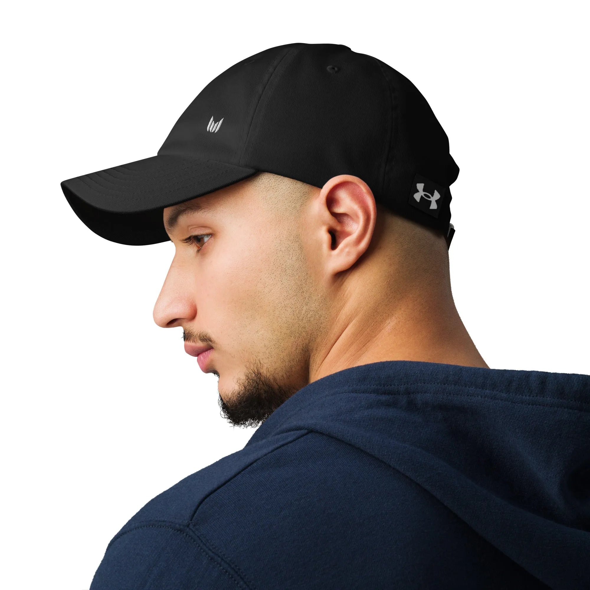 Under Armour black dad hat side view on model in hoodie