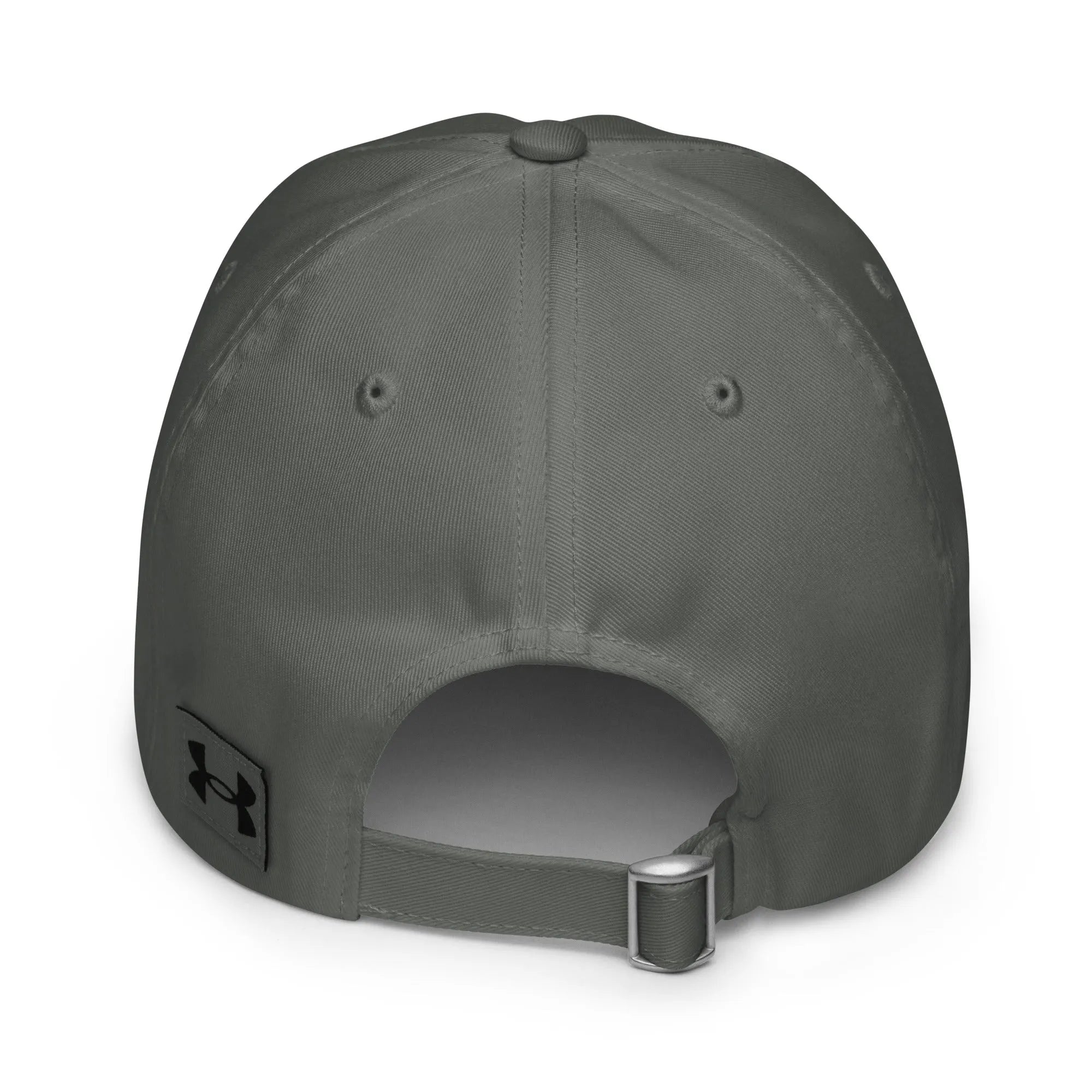 Back view of grey Under Armour dad hat showing strap fit