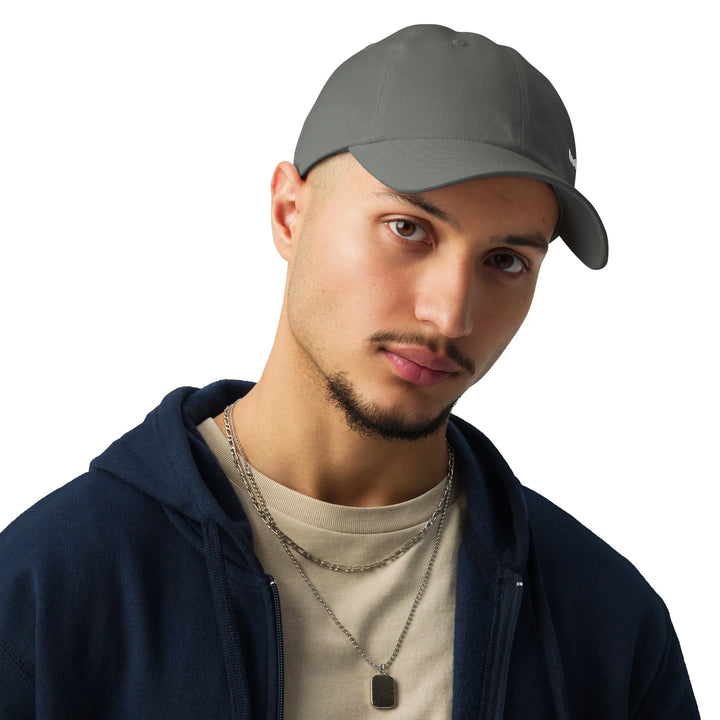 Under Armour grey dad hat with black logo, front view