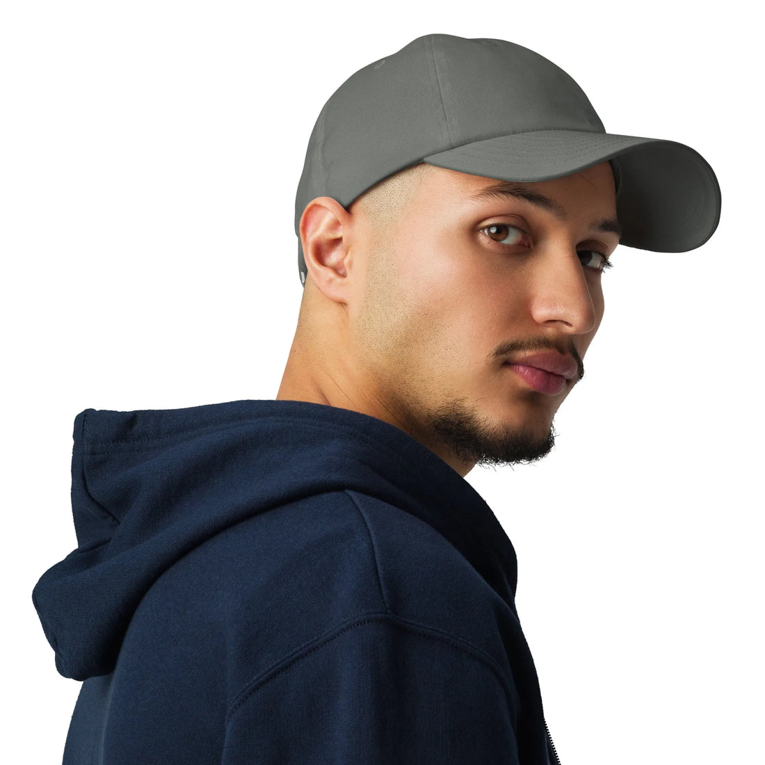 Grey Under Armour dad hat worn by model with side profile