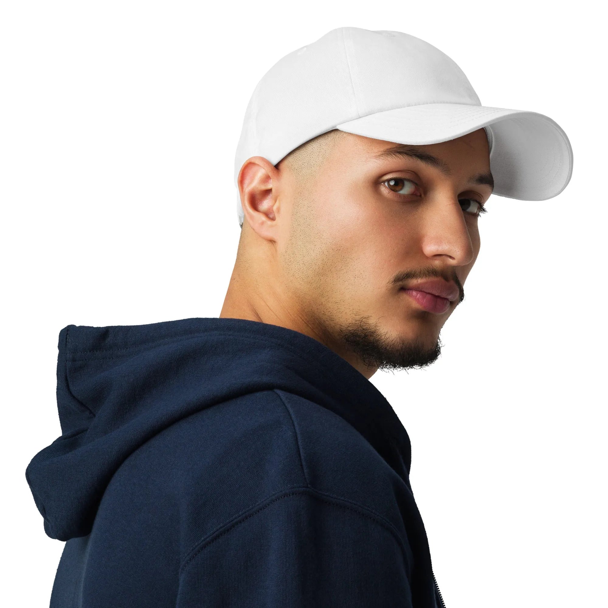 White Under Armour dad hat modeled with navy hoodie, right side profile