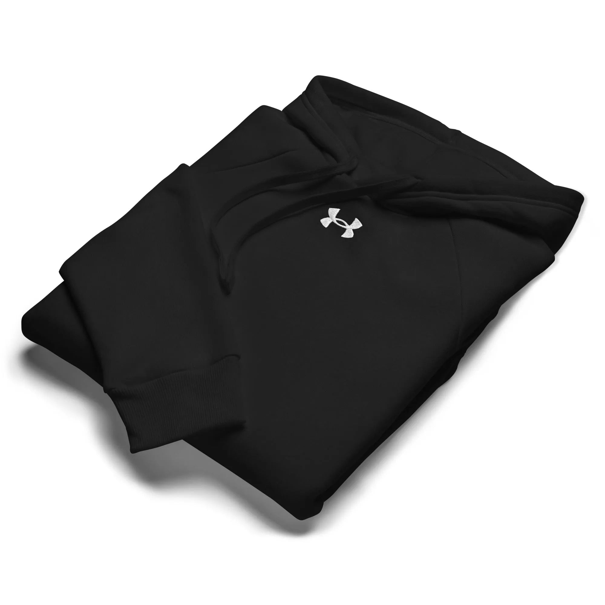 Flat lay of Under Armour black hoodie showing Heatseal logo 