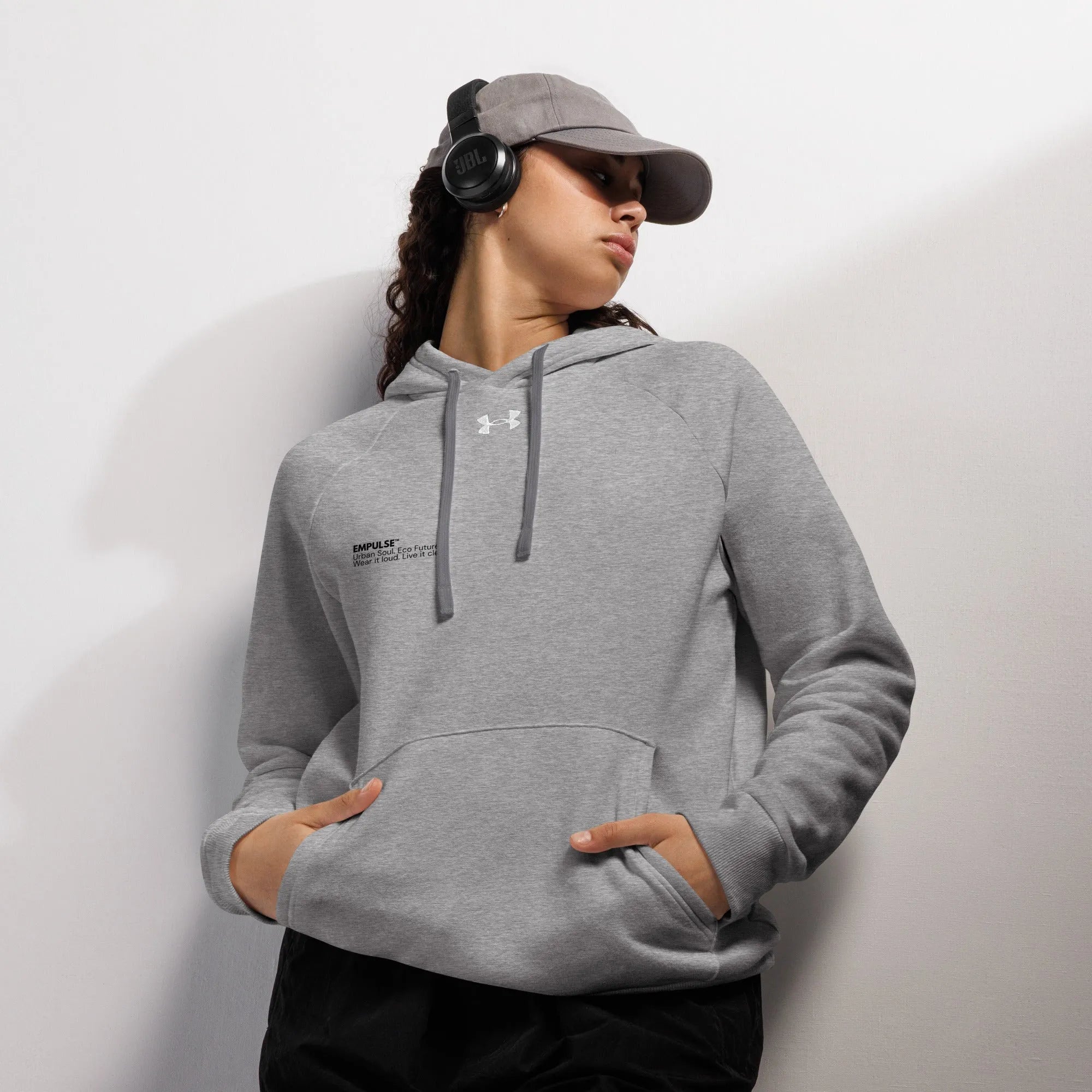 Under Armour grey hoodie with a female model featuring Empulse Logo and design