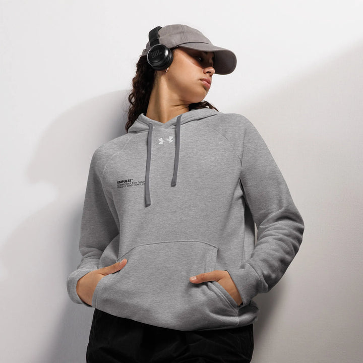 Under Armour grey hoodie with a female model featuring Empulse Logo and design