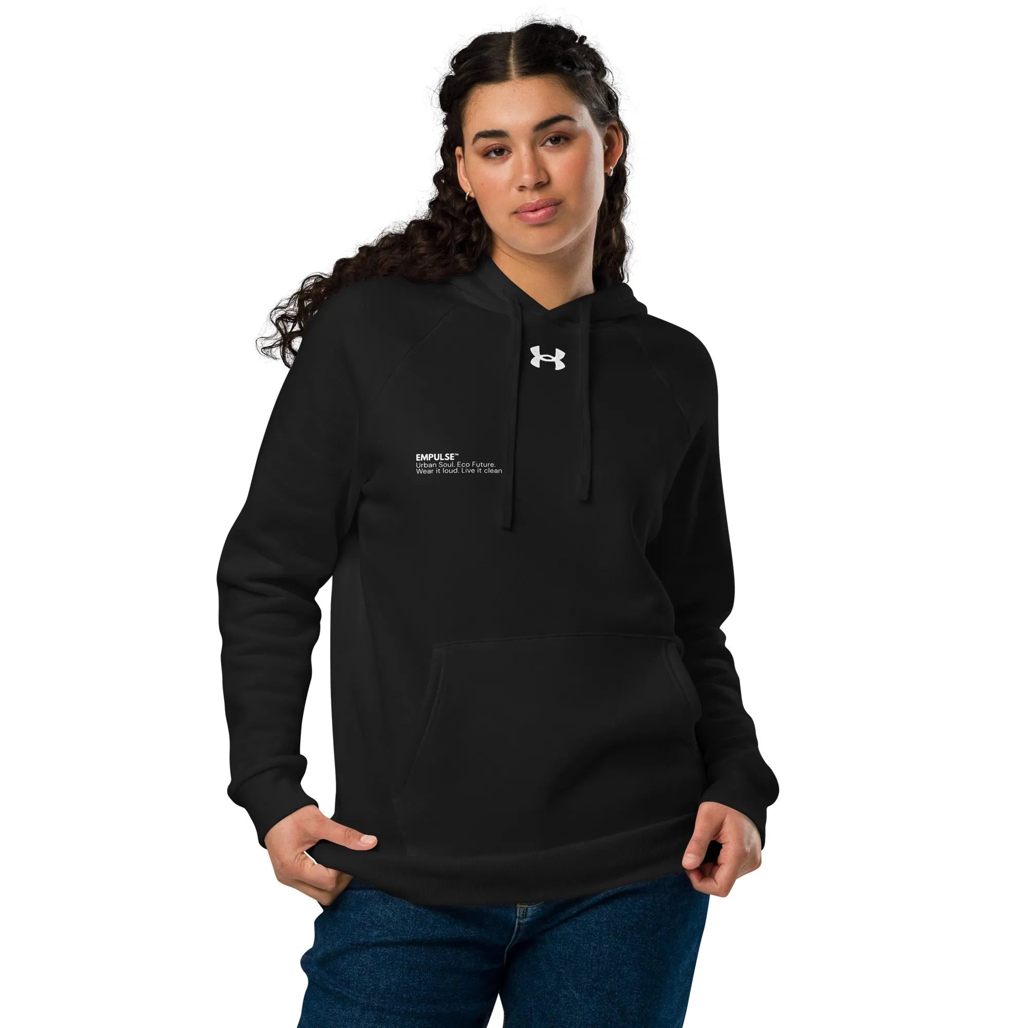 Black Under Armour hoodie worn by female model in relaxed stance logos shown