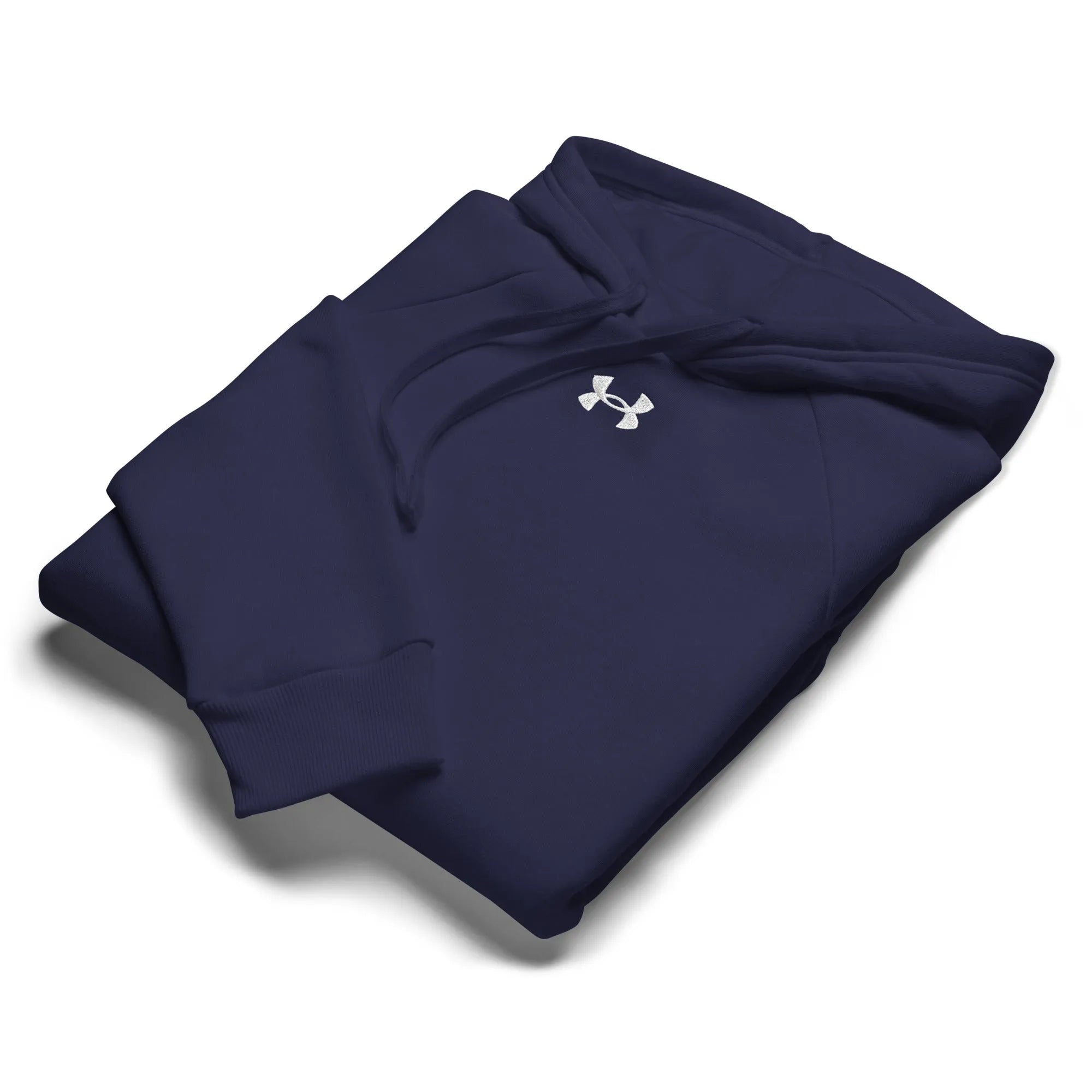 Flat lay of Under Armour navy hoodie with kangaroo pocket folded