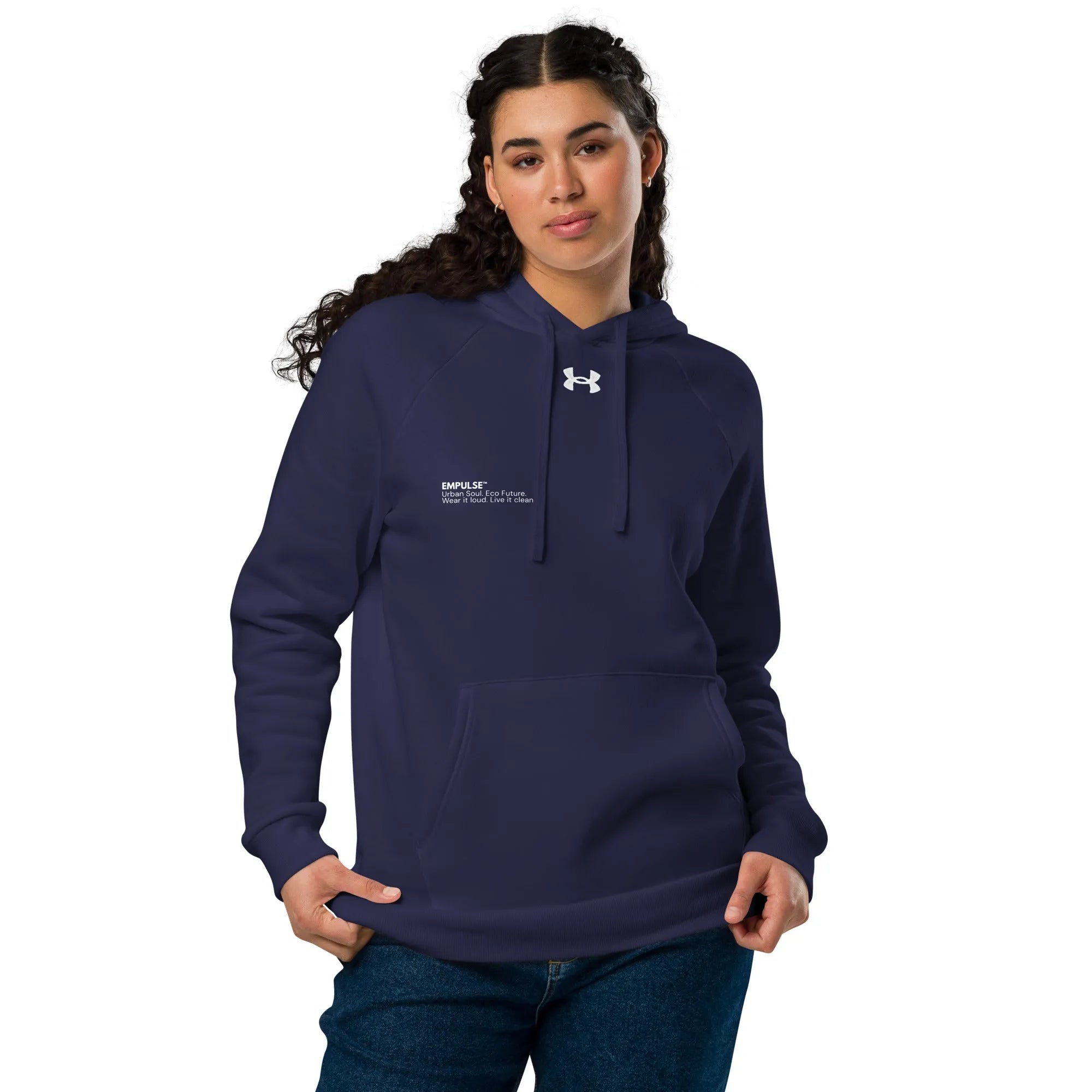 Under Armour navy hoodie styled for casual streetwear by standing model