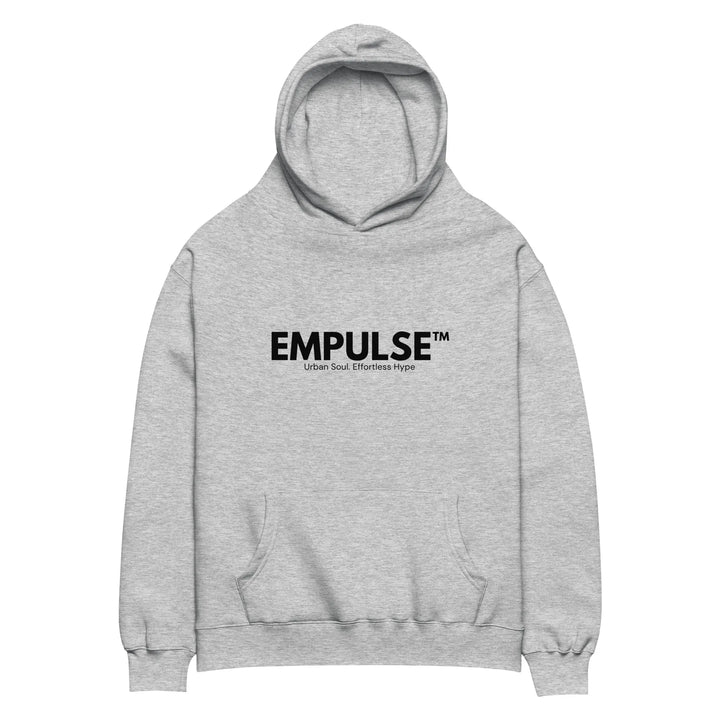 Flat lay of grey Empulse™ hoodie on white background, front-facing view.

