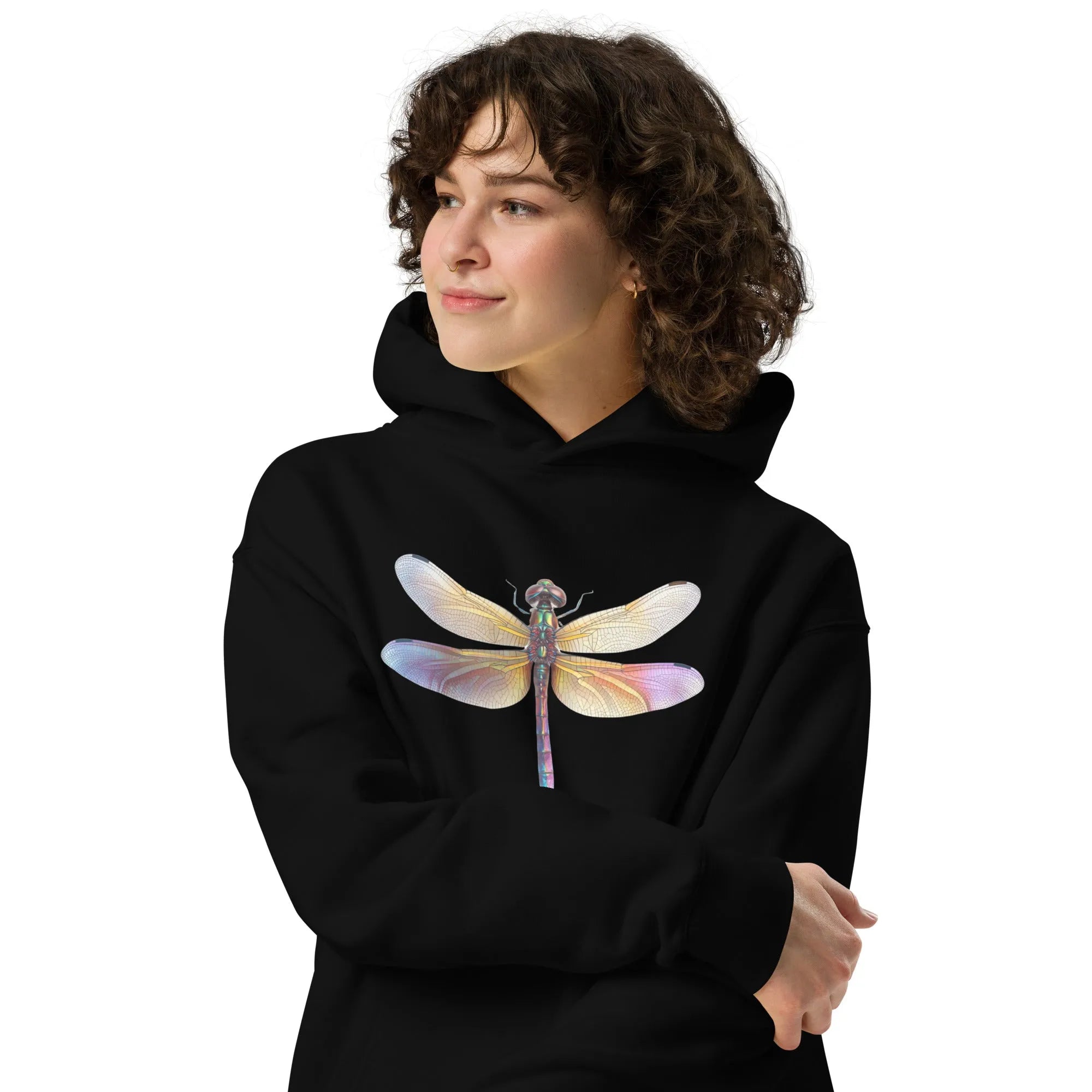 Female model wearing black Empulse™ hoodie with iridescent dragonfly print and relaxed fit

