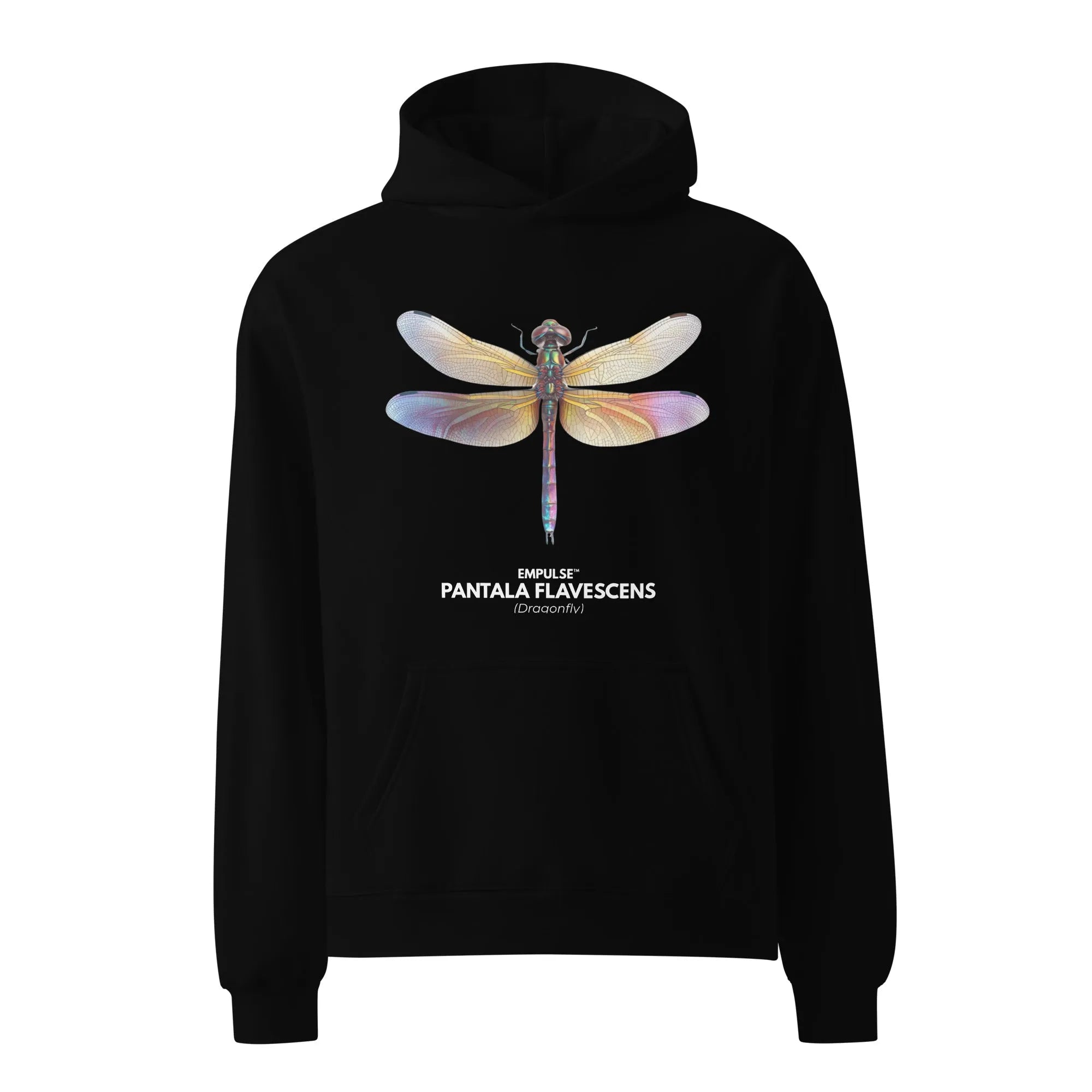 Front view of black Empulse™ Dragonfly hoodie laid flat, showcasing bold insect design across the front
