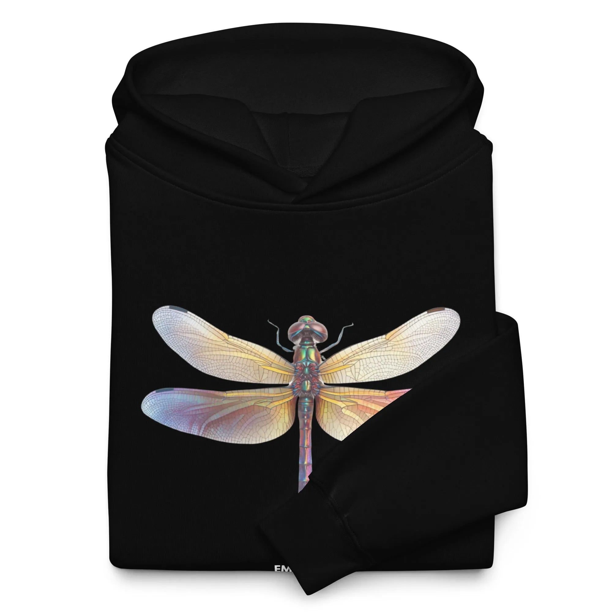 Front view of black Empulse™ Dragonfly hoodie folded flat