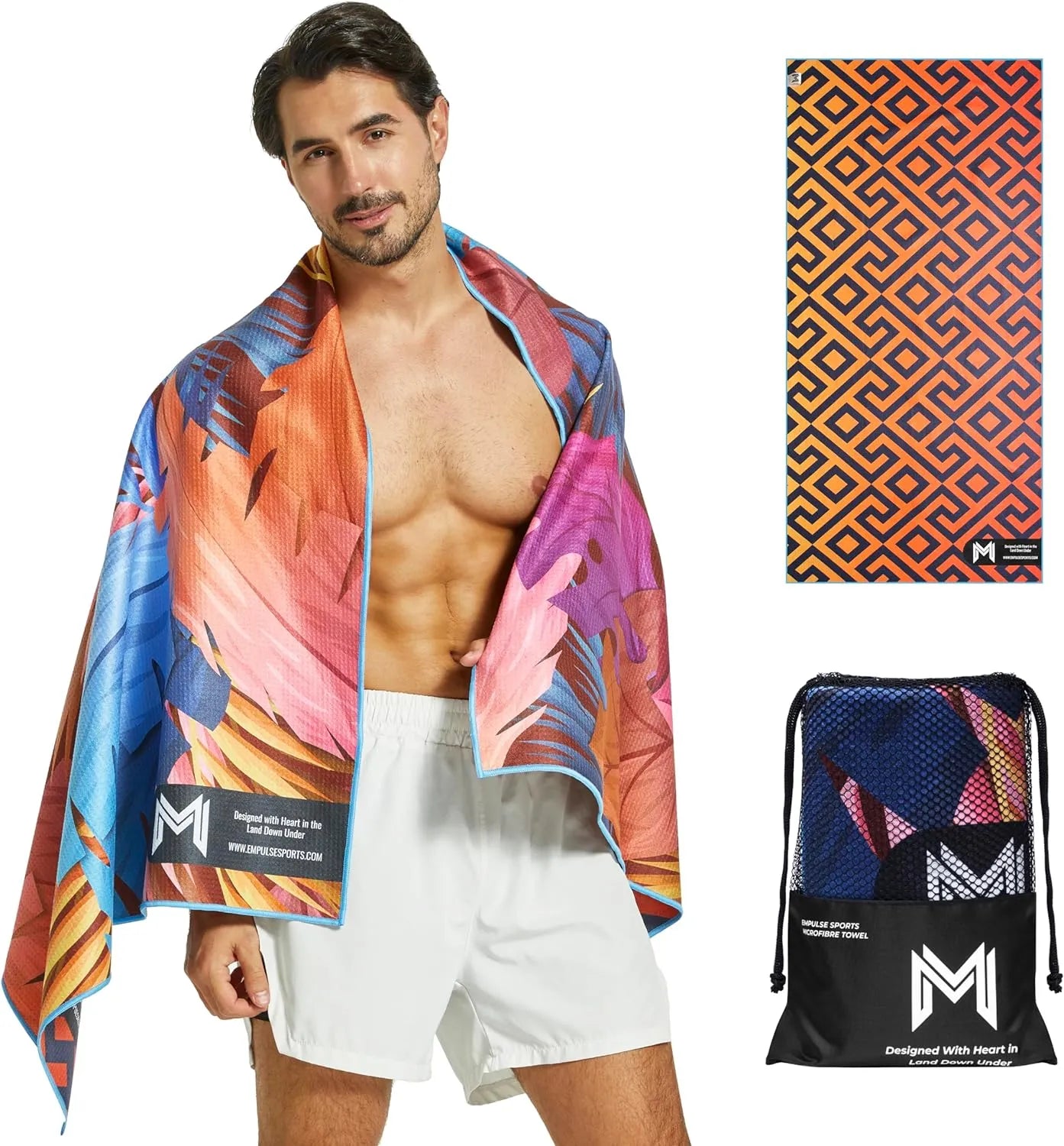 Male model holding Empulse Vibrant Canopy towel around shoulders showing colourful leaf print